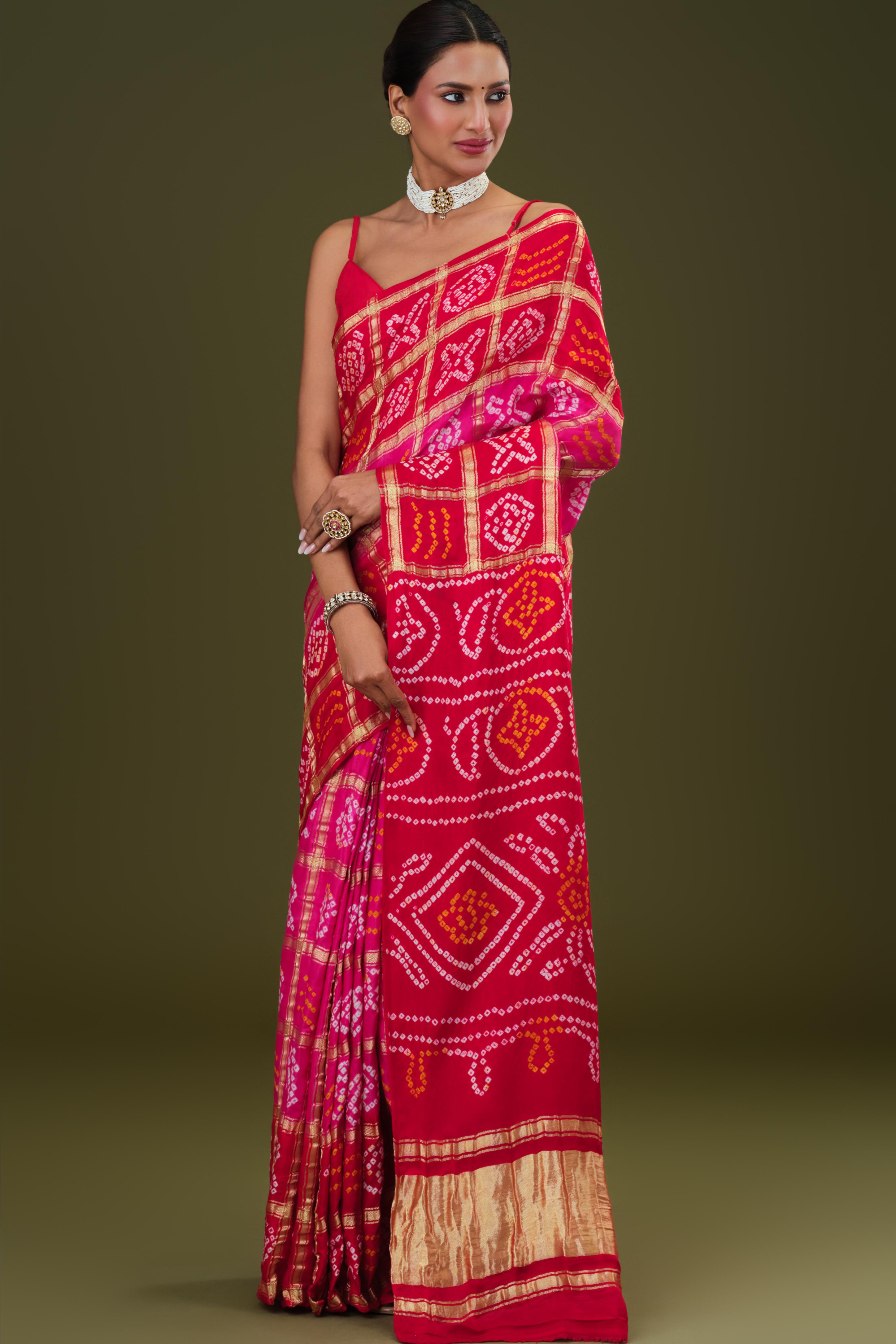 Pink Bandhani Pure Gazzi Silk Saree