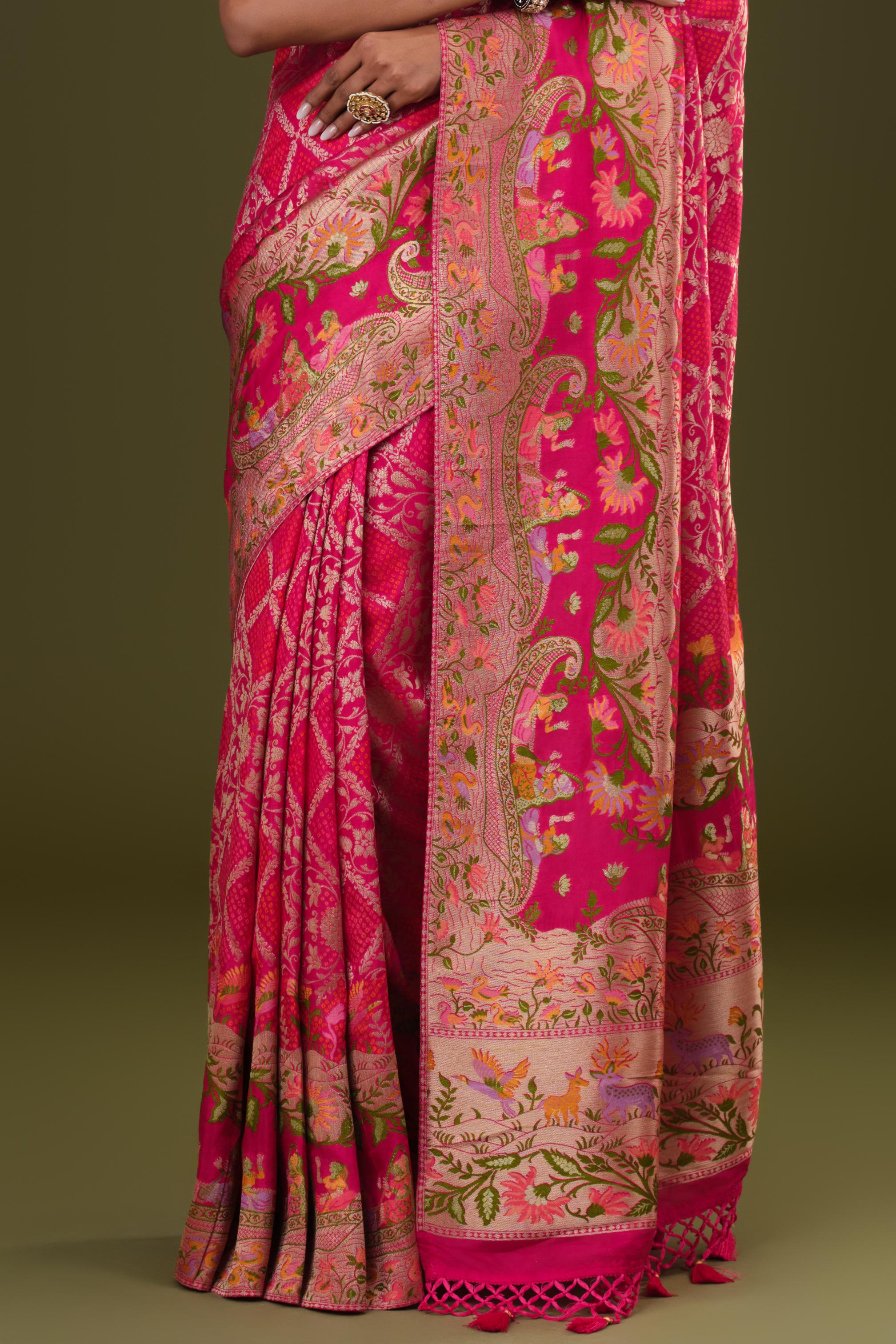 Cerise Pink Woven Pure Satin Silk Saree