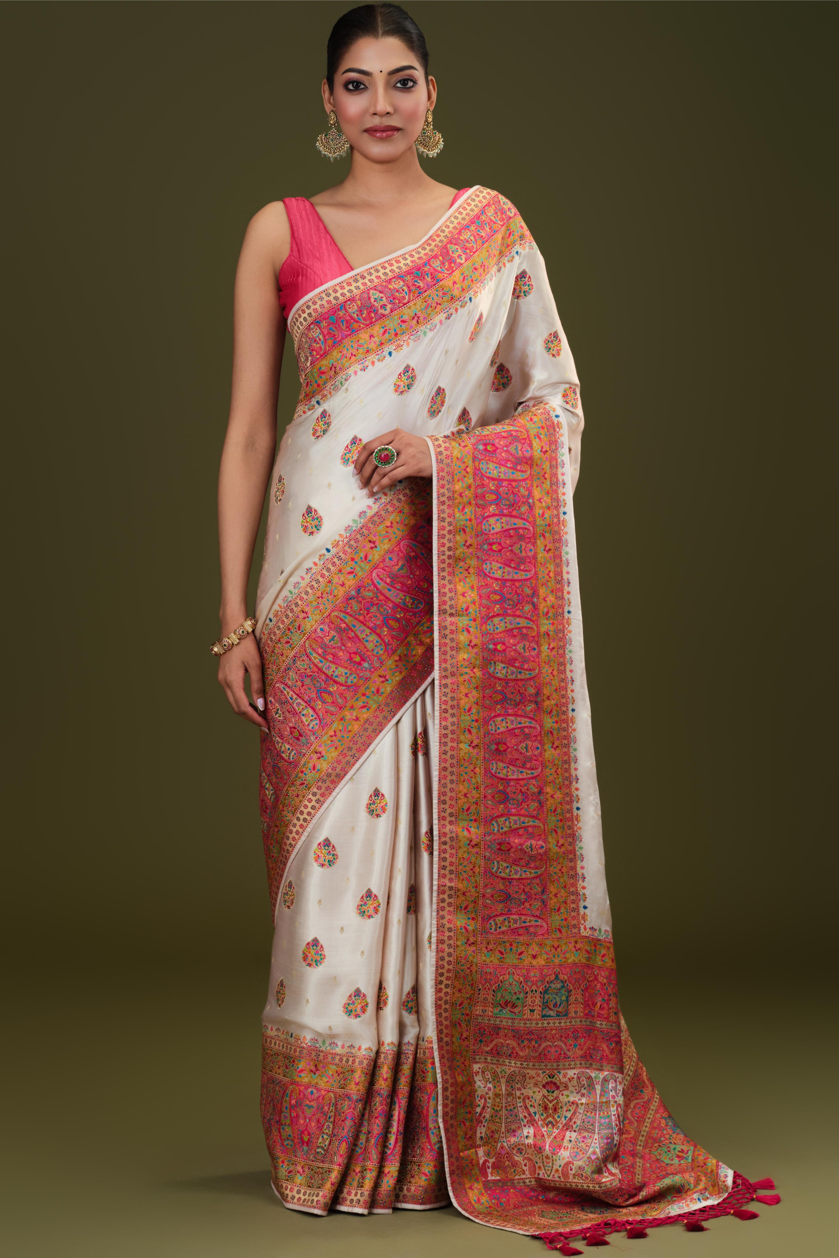 White Woven Pure Satin Silk Saree