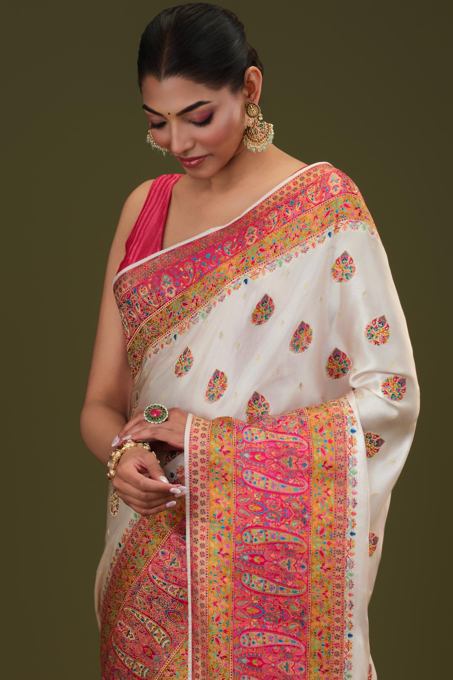 White Woven Pure Satin Silk Saree