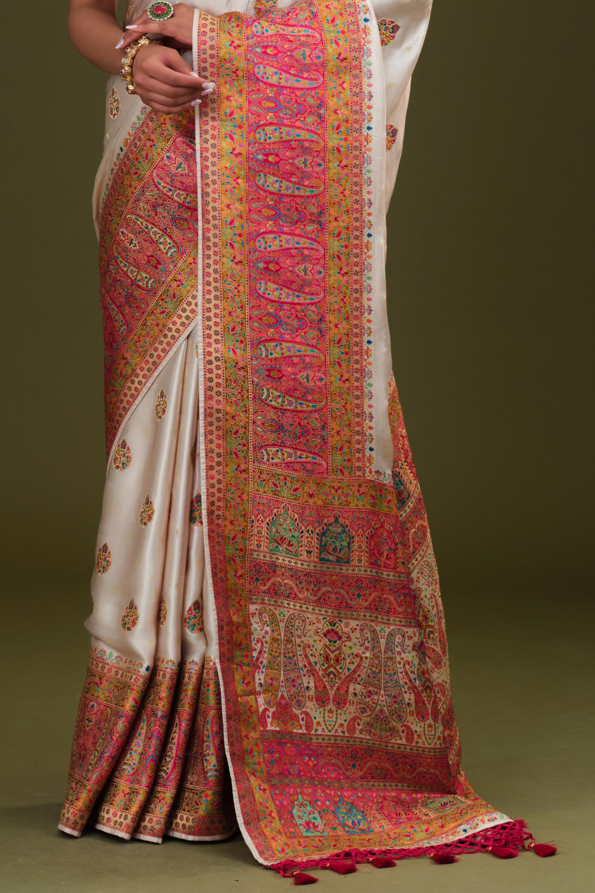 White Woven Pure Satin Silk Saree