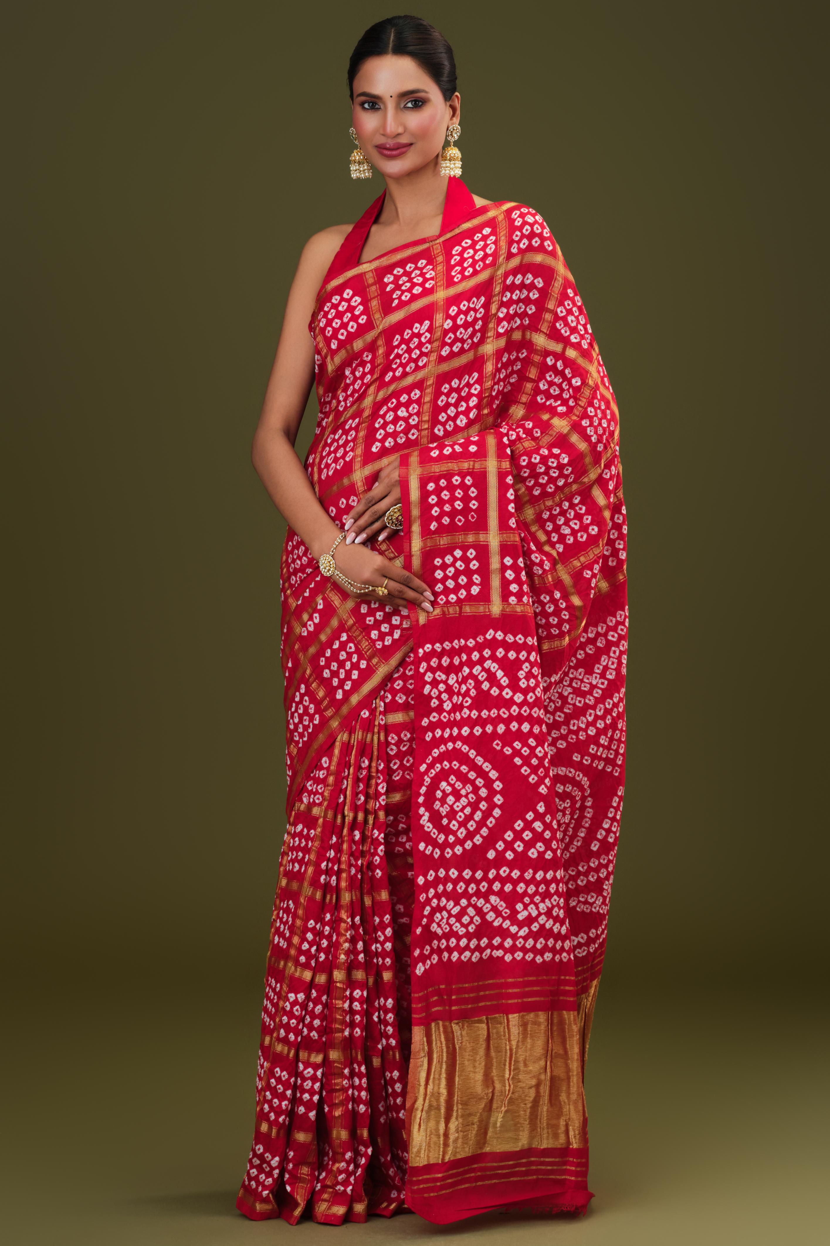 Red Bandhani Dola Silk Saree