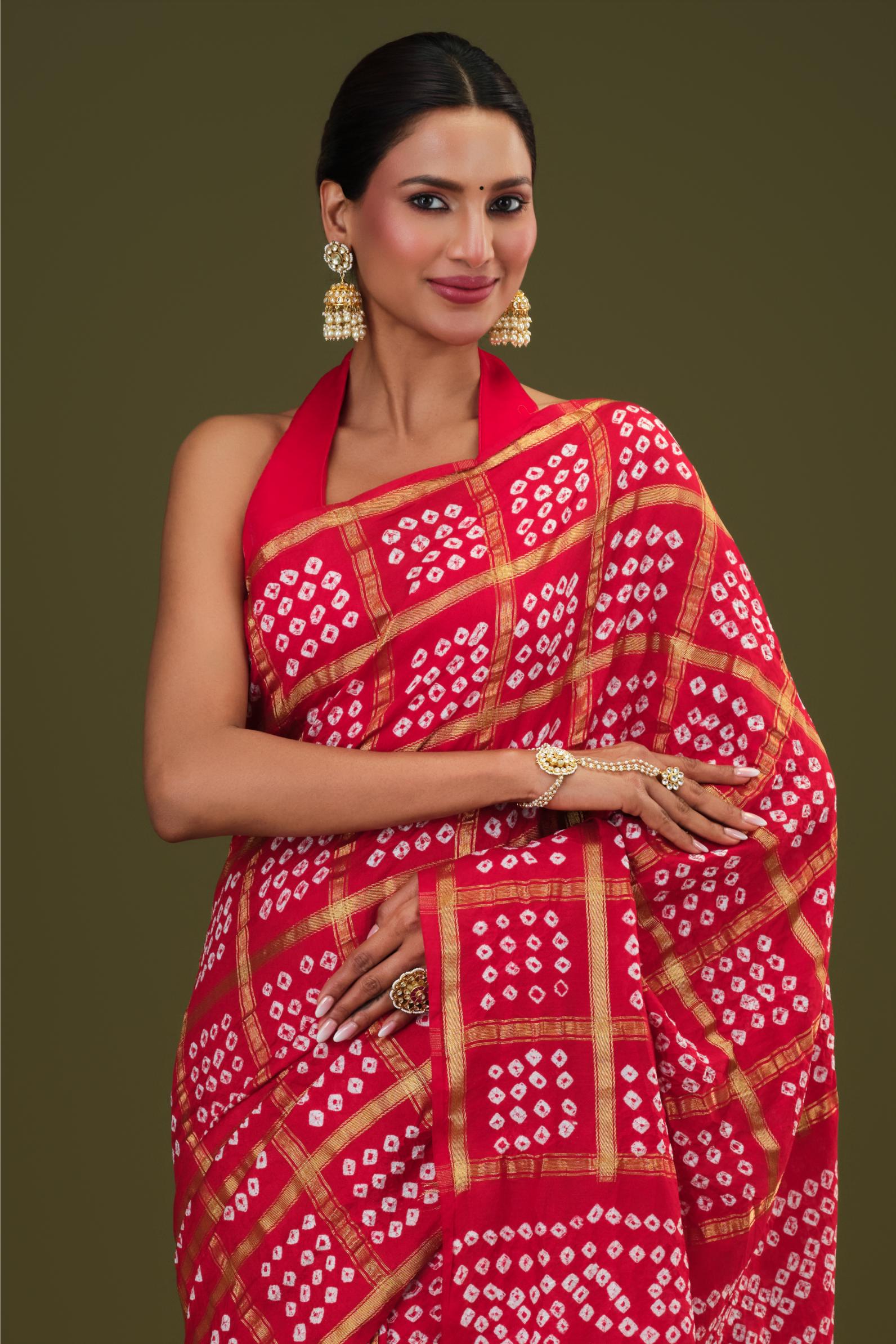Red Bandhani Dola Silk Saree