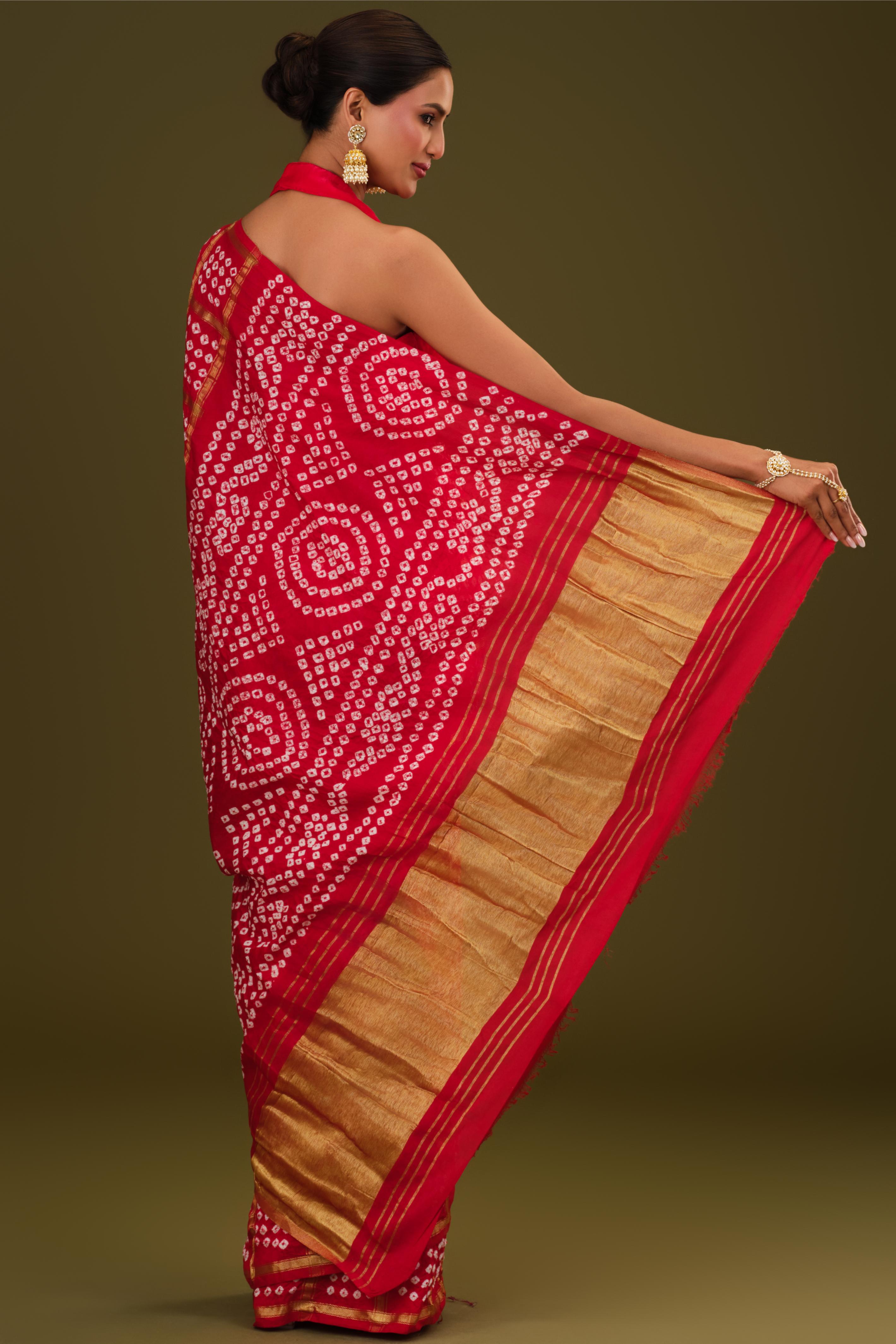 Red Bandhani Dola Silk Saree