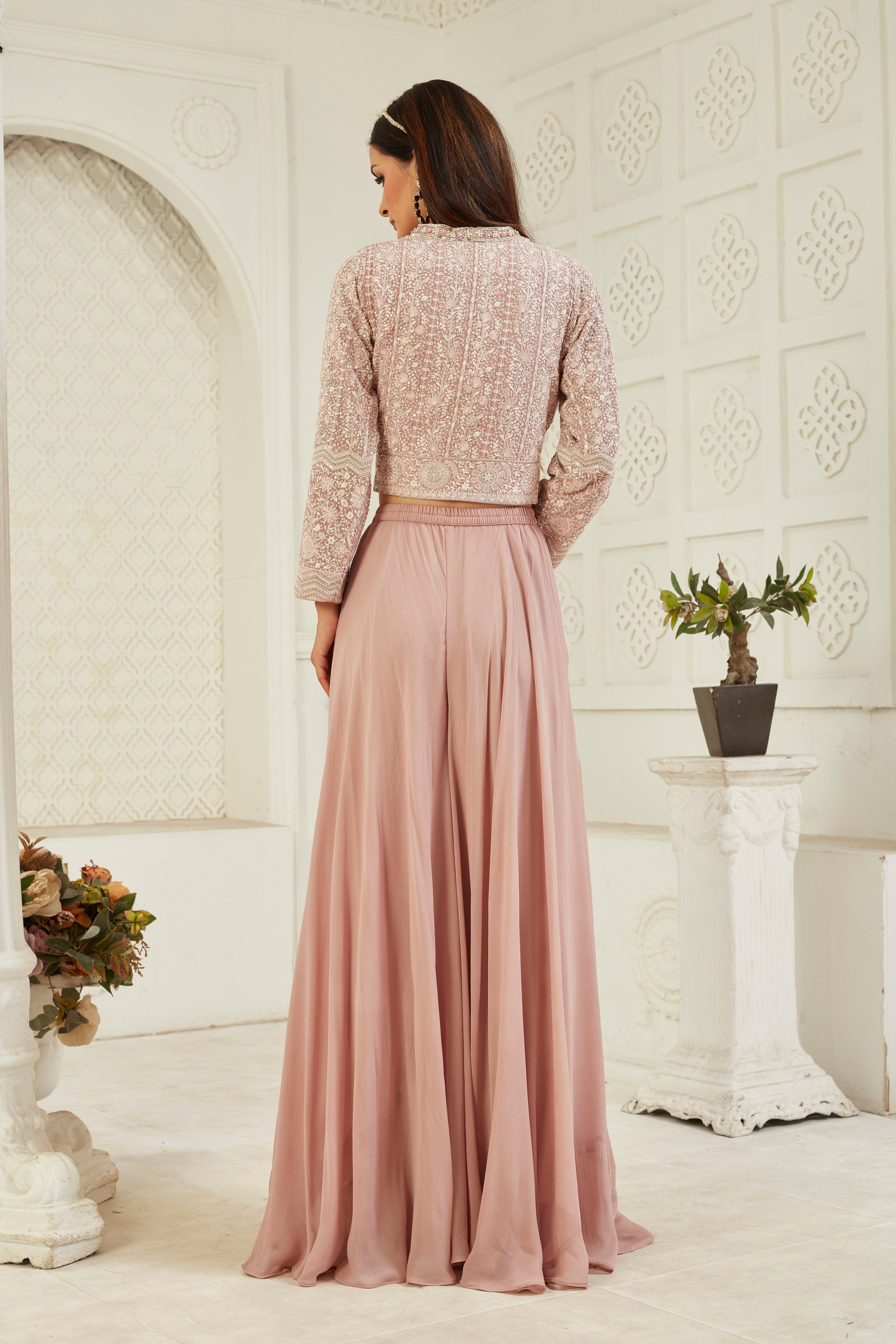 Rose Gold Embellished Georgette Silk Palazzo Set