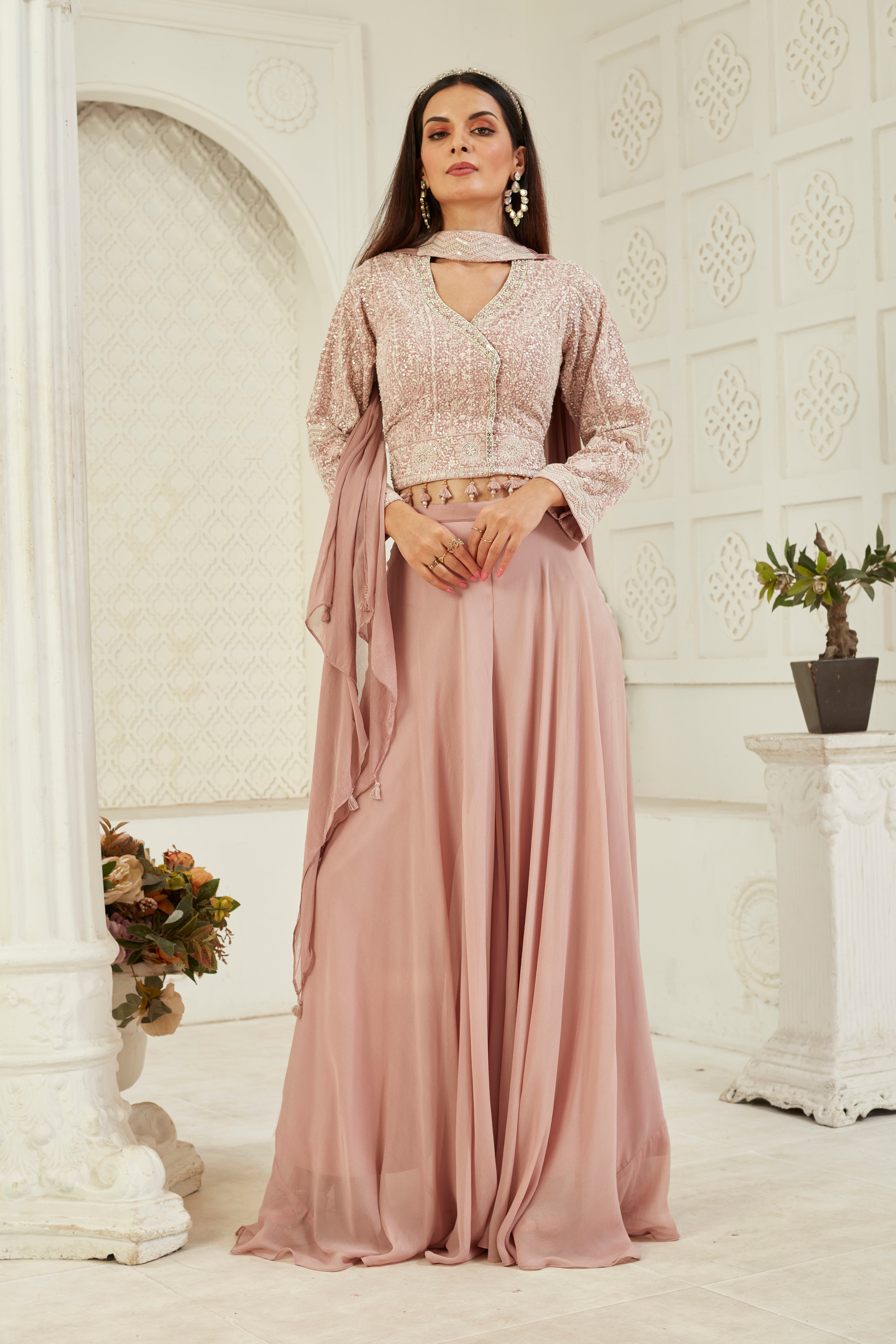 Rose Gold Embellished Georgette Silk Palazzo Set