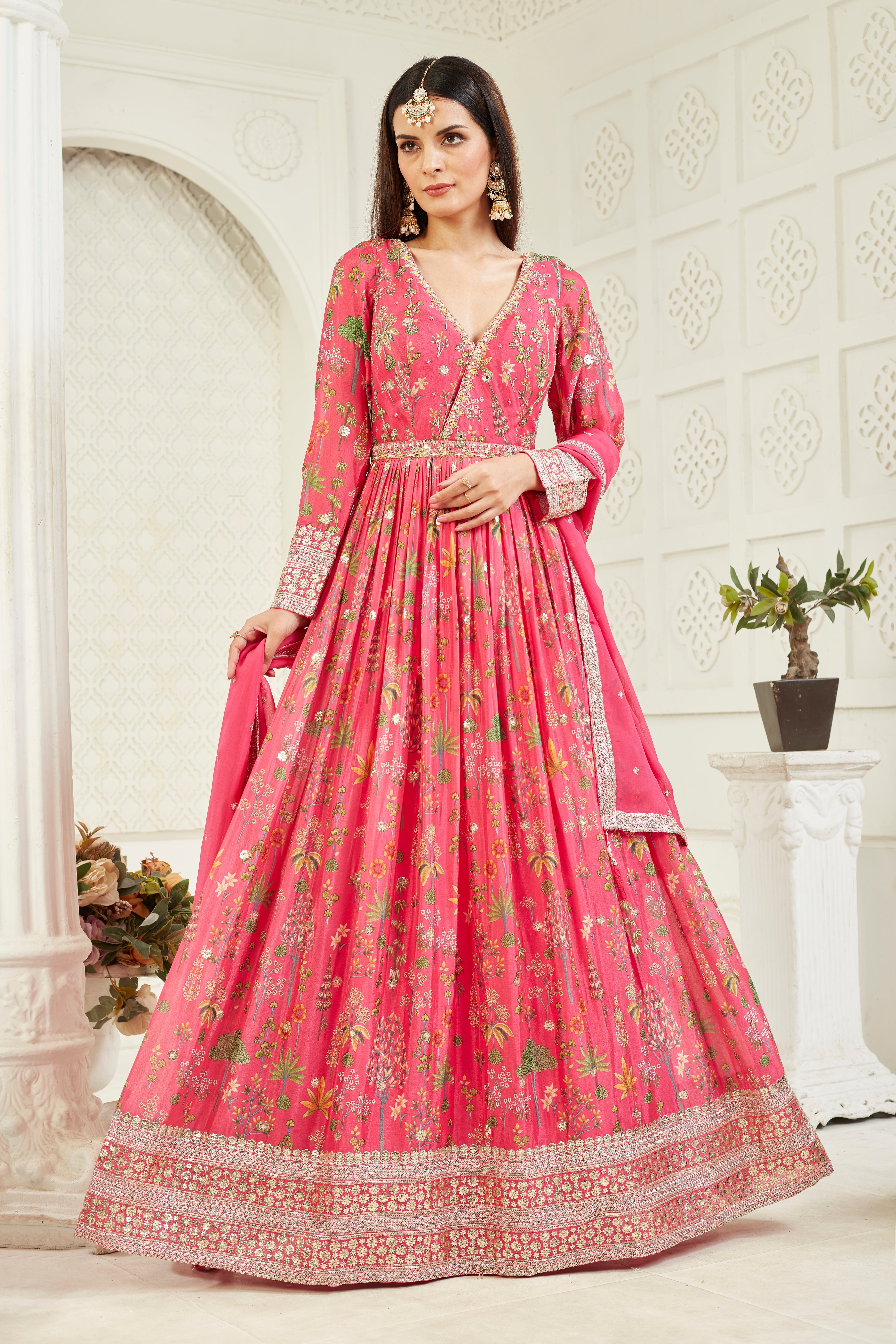 Pink Embellished Georgette Silk Anarkali Set
