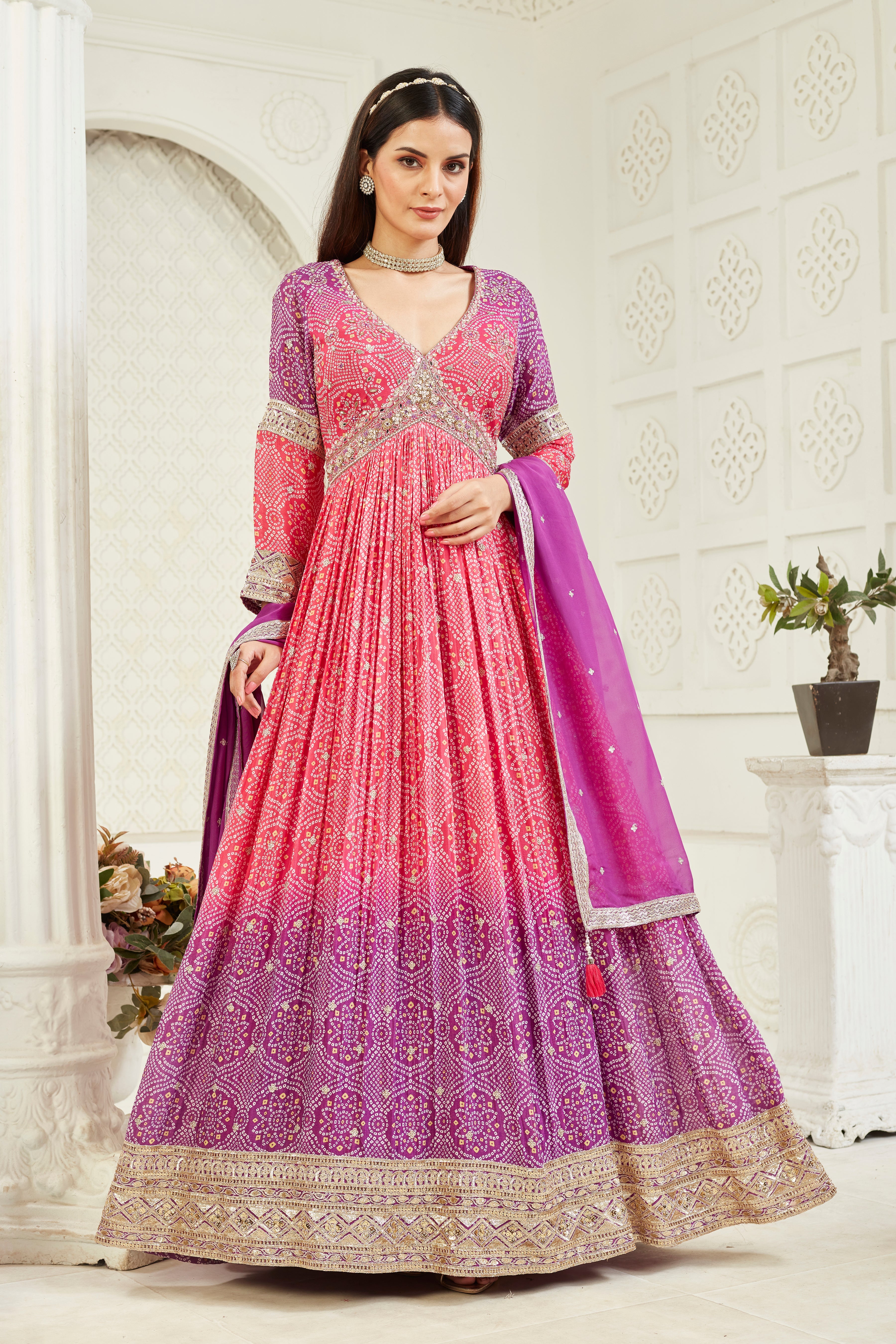 Pink Ombre-Dyed Georgette Silk Anarkali Set