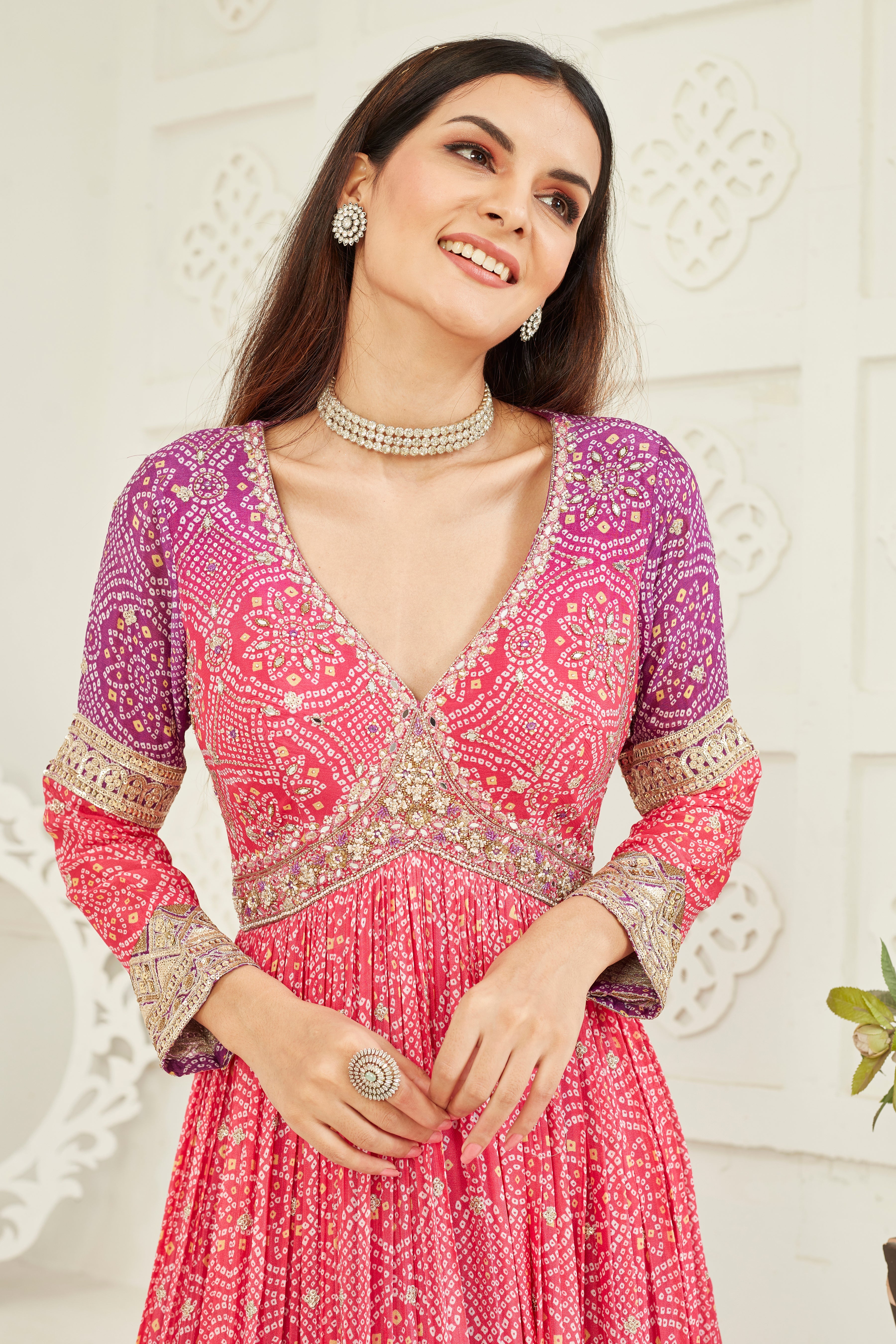 Pink Ombre-Dyed Georgette Silk Anarkali Set