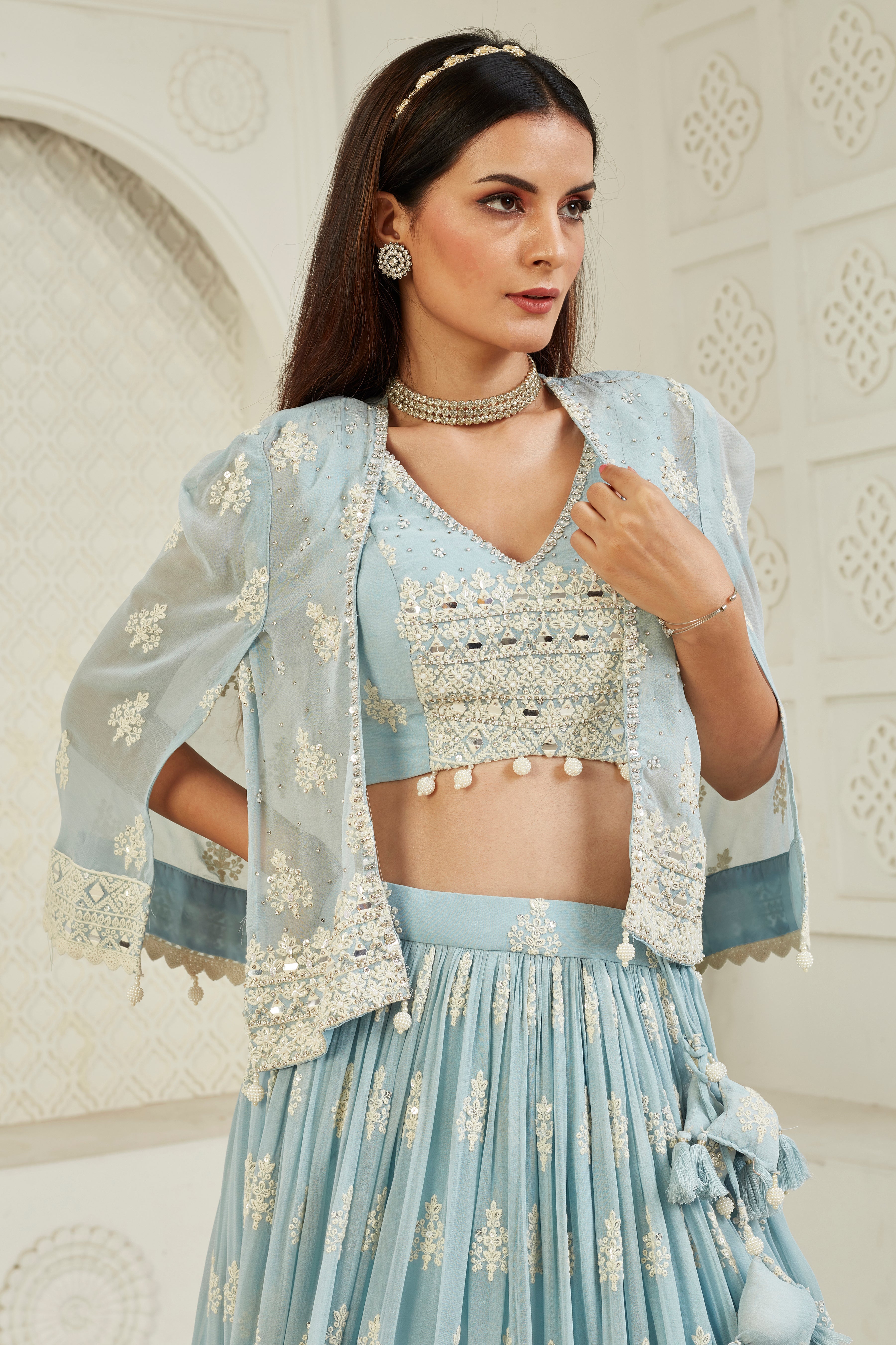 Pastel Blue Handwork Georgette Silk Lehenga Set