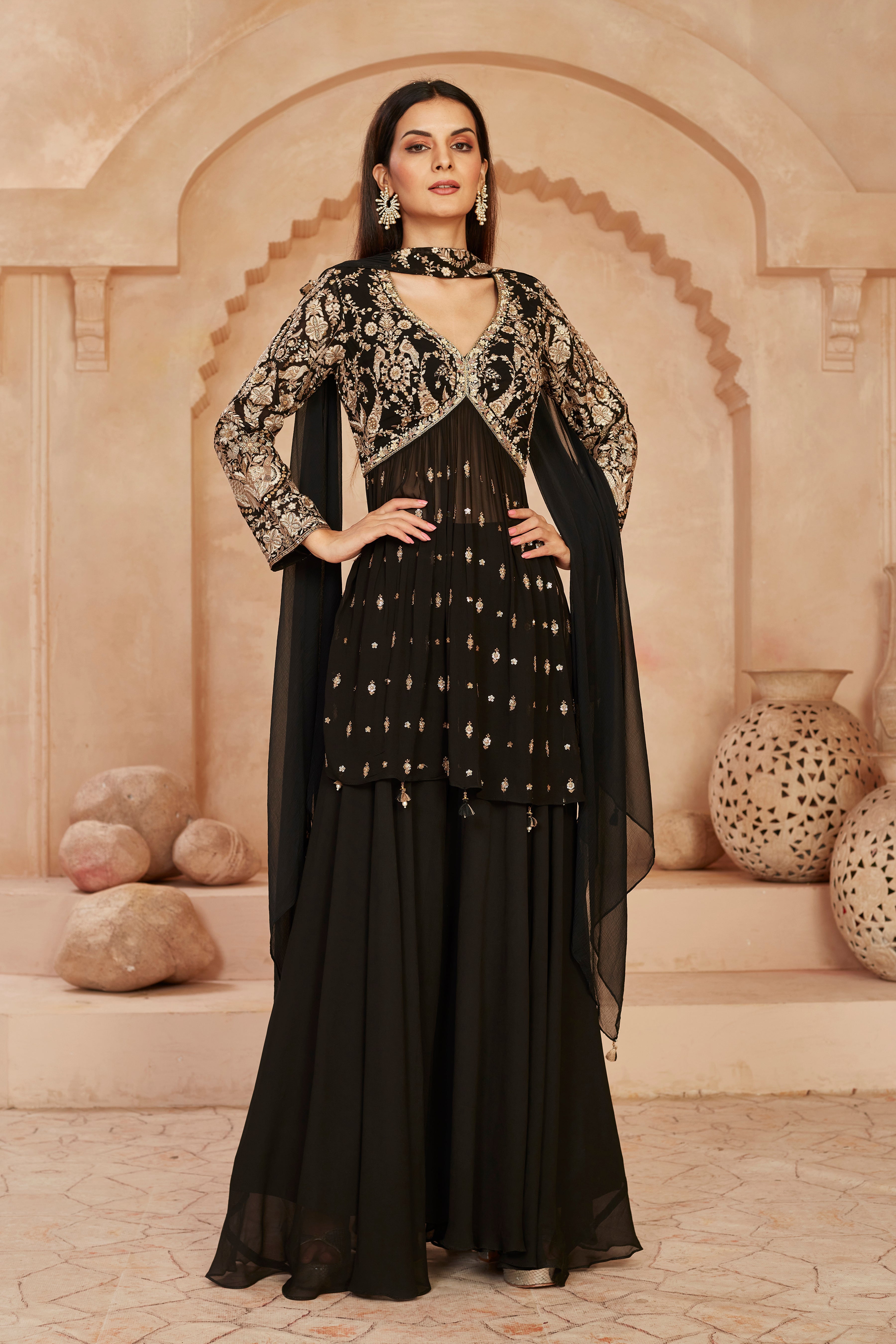 Black Golden Tissue Glass Silk Palazzo Set