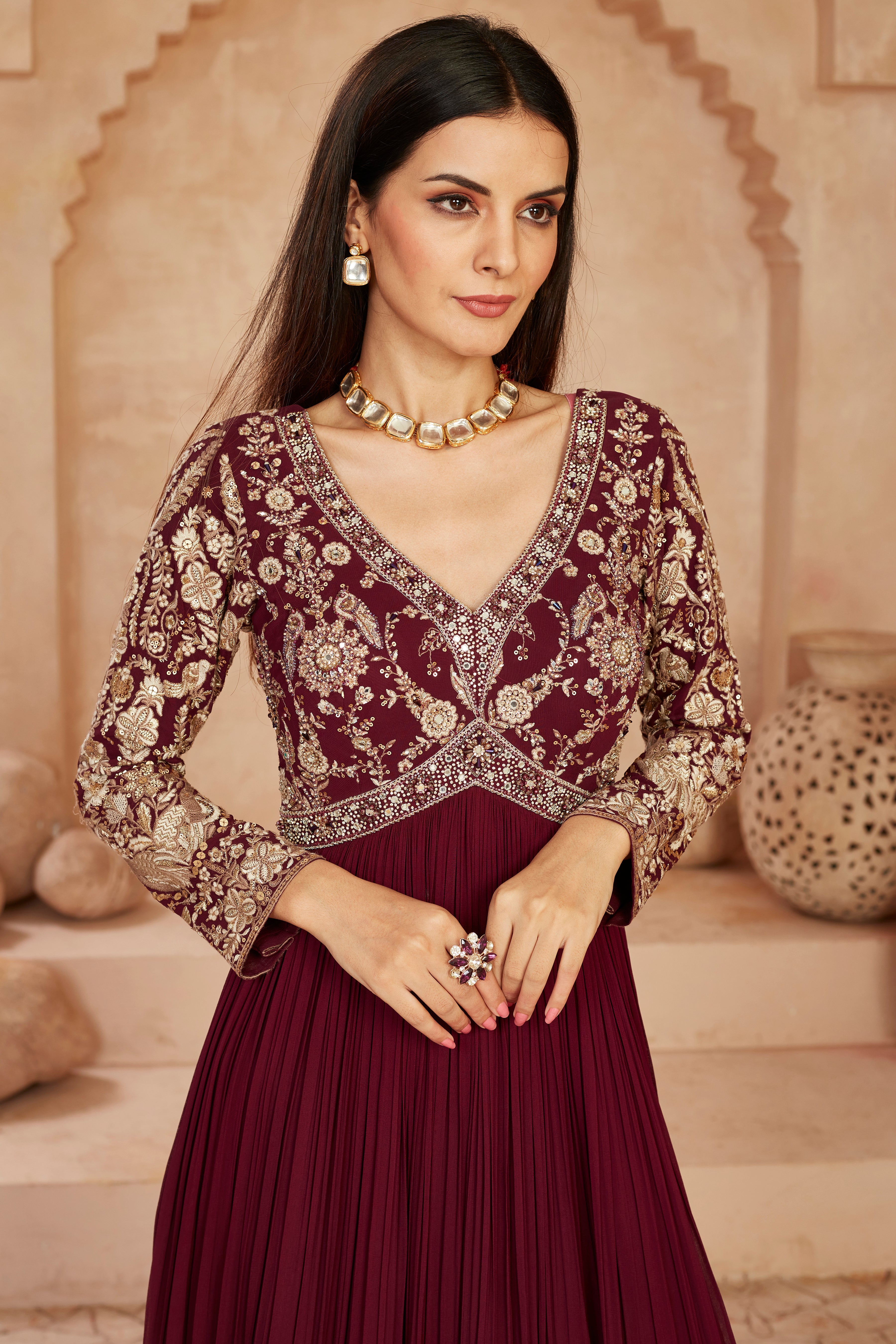 Wine Floral Embroidered Georgette Silk Anarkali Set