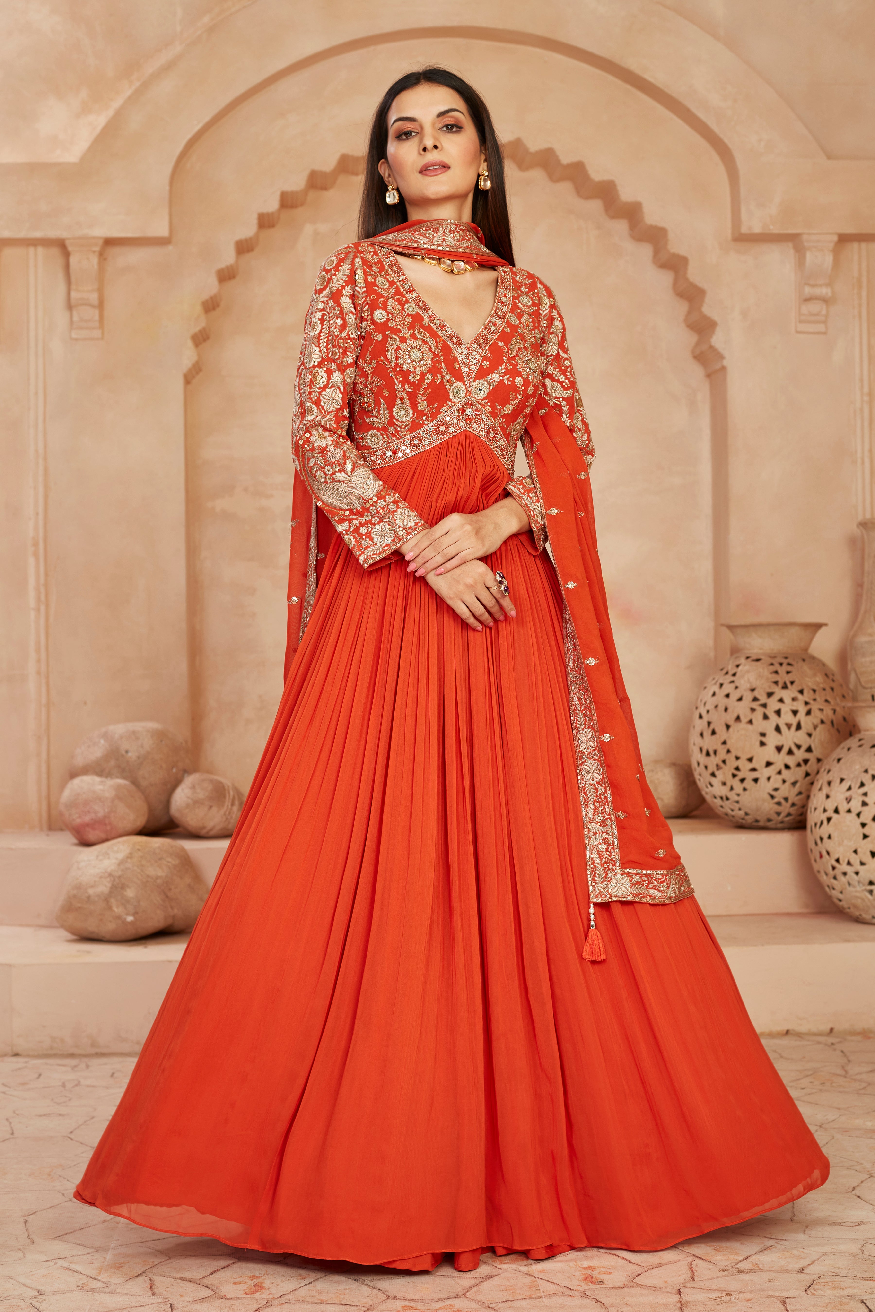 Orange Floral Embroidered Georgette Silk Anarkali Set