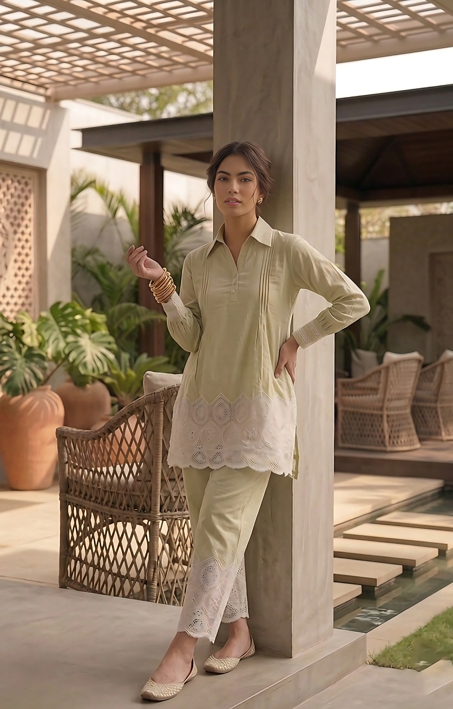 Pistachio Embroidered Cotton Co-Ord Set