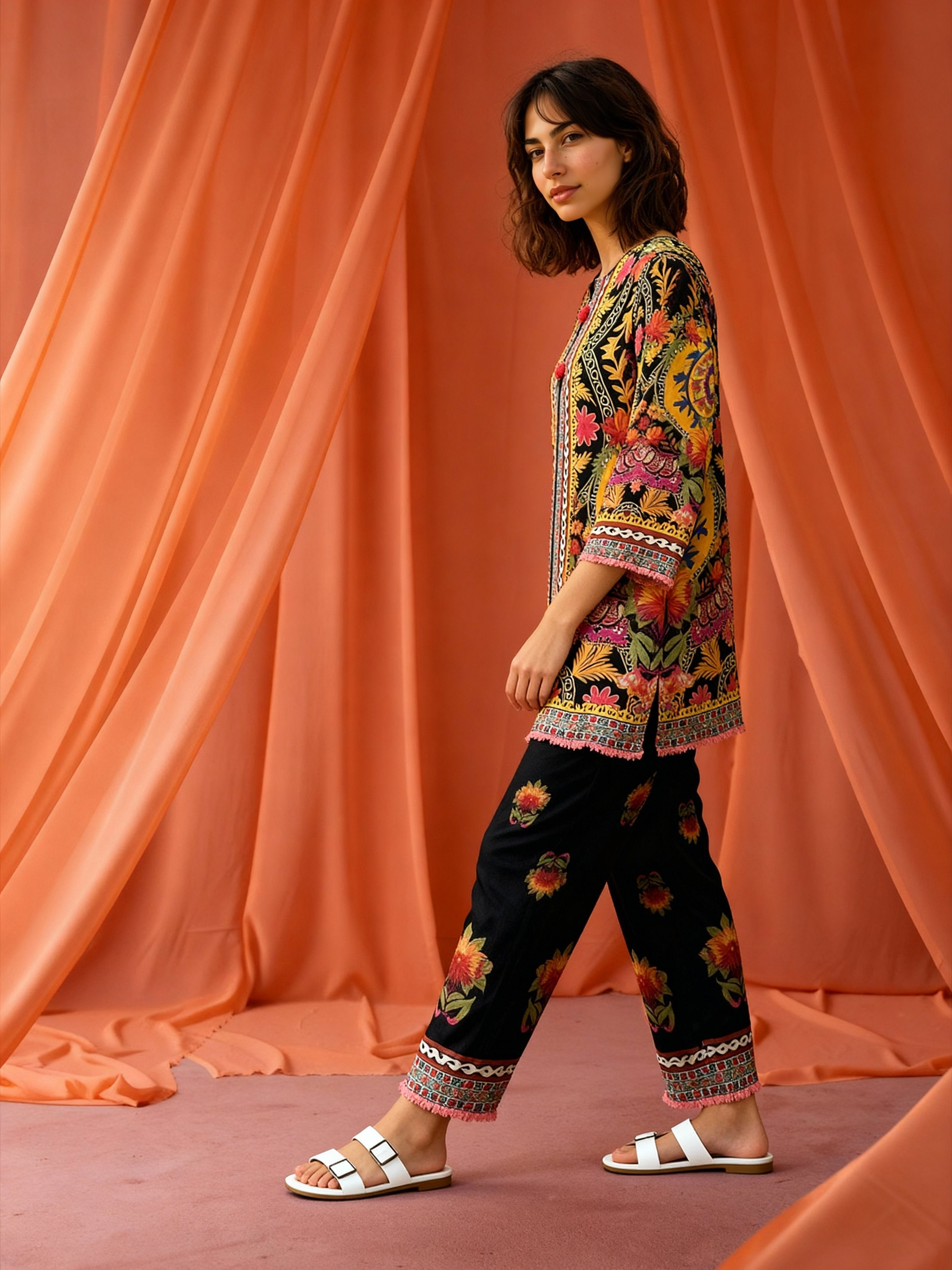 Peach Mirage Satin Printed Co-Ord Set