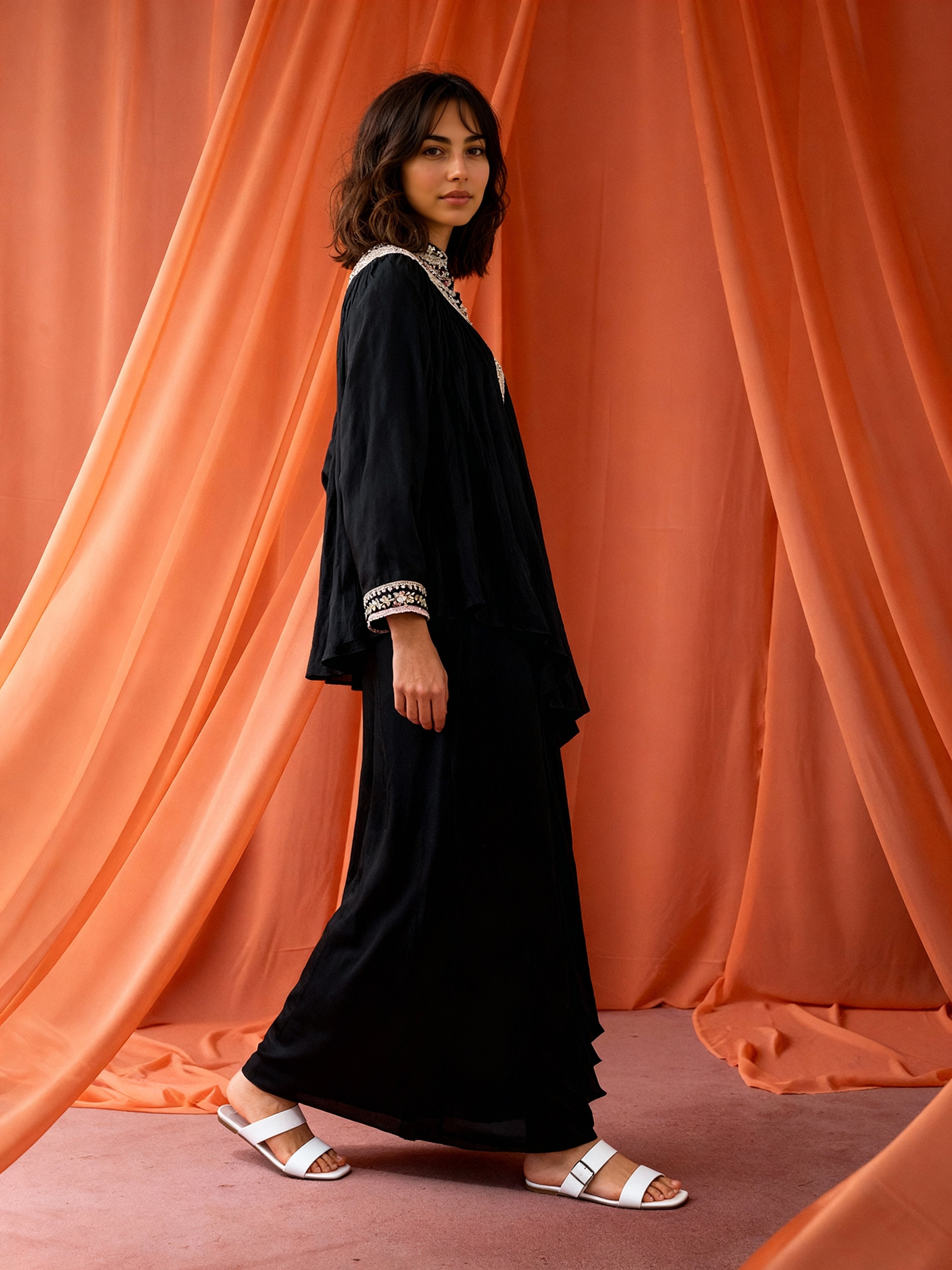 Black Embellished Crepe Silk Skirt Set