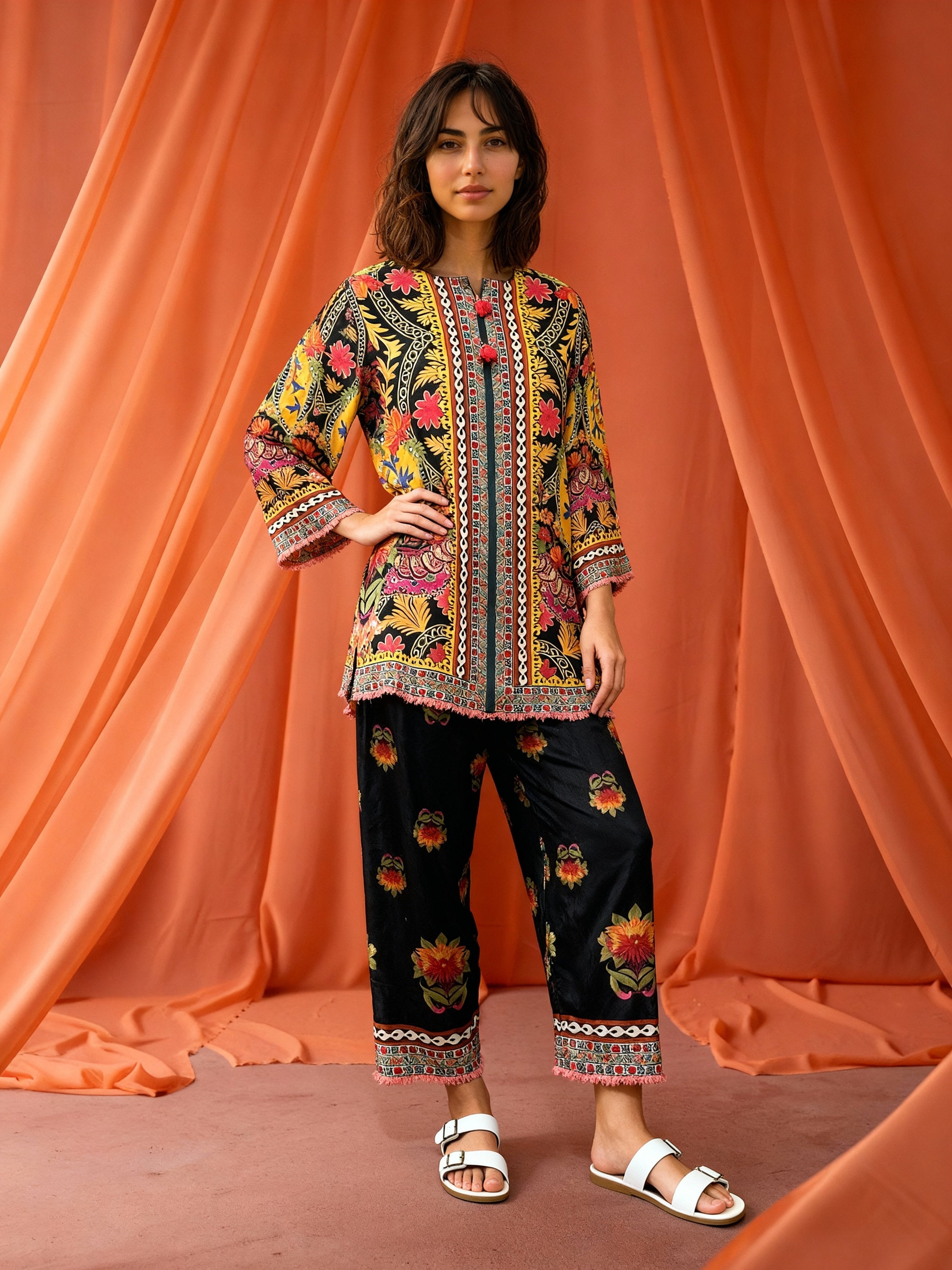 Peach Mirage Satin Printed Co-Ord Set
