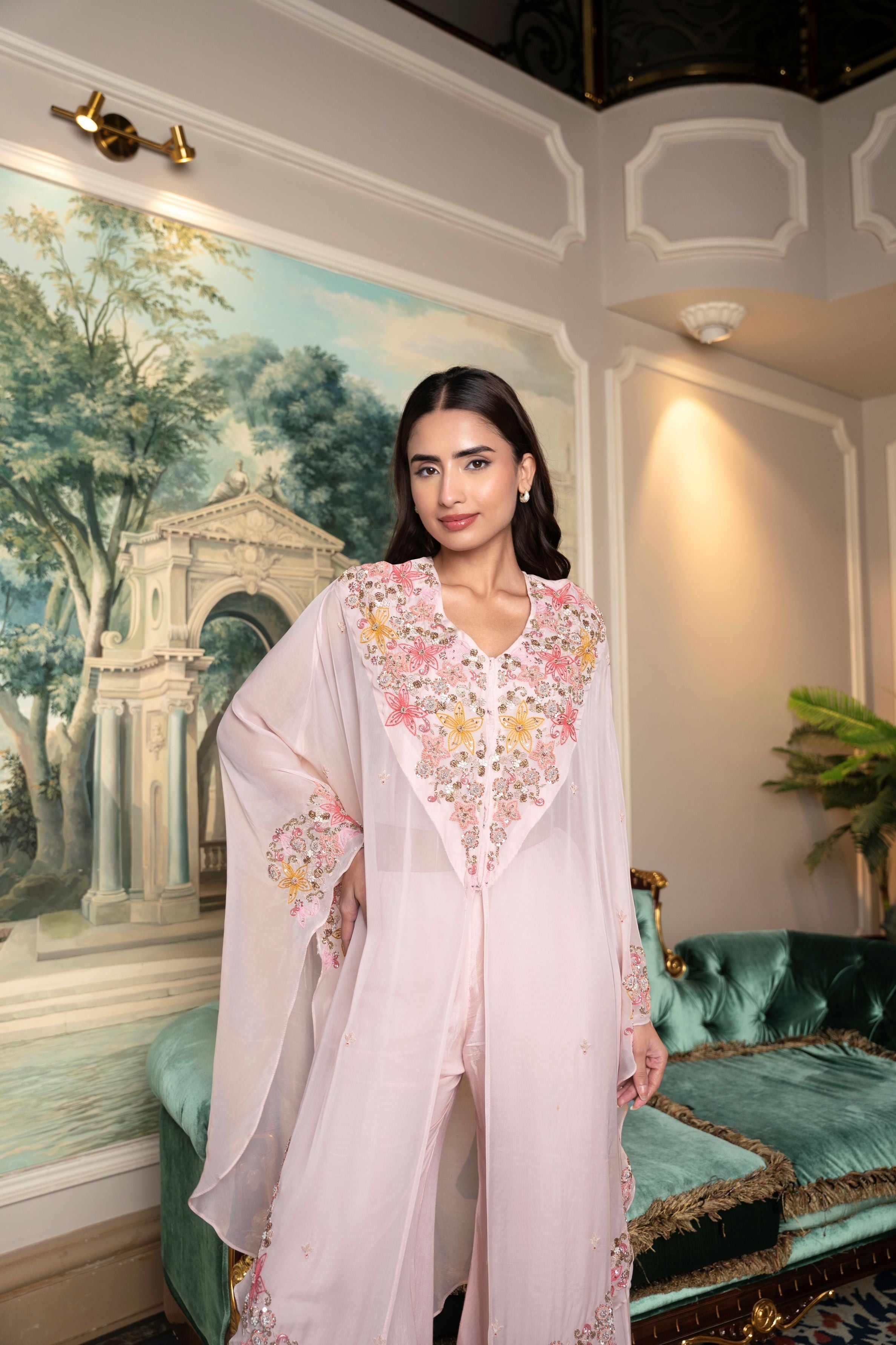 Pink Embroidered Organza Silk Kaftan Set