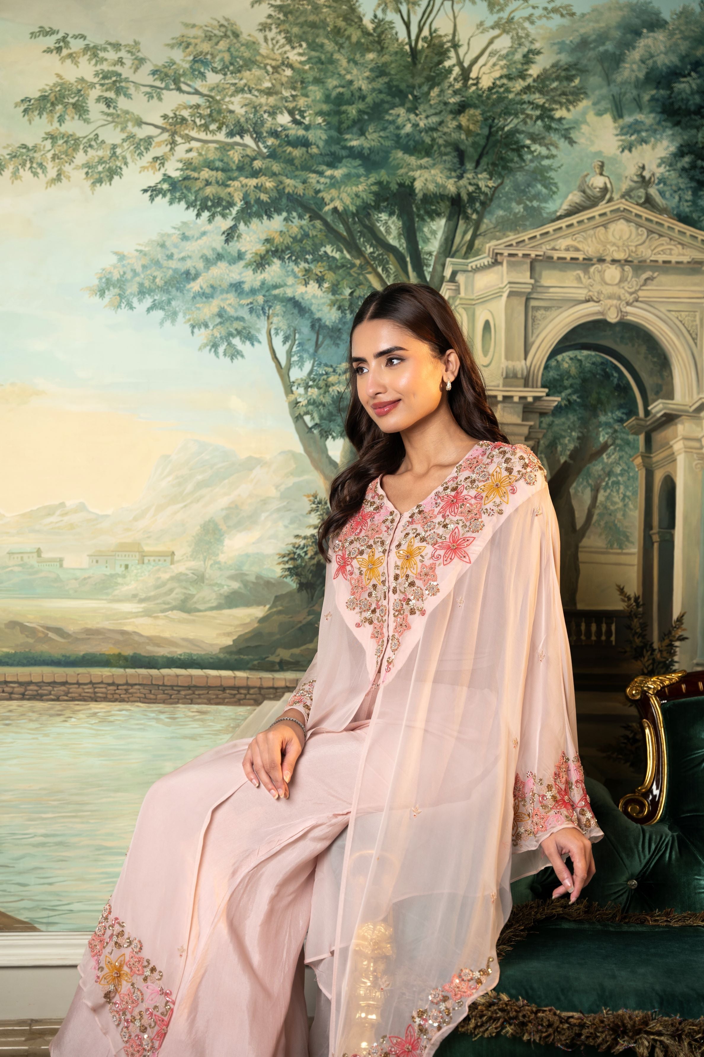 Pink Embroidered Organza Silk Kaftan Set