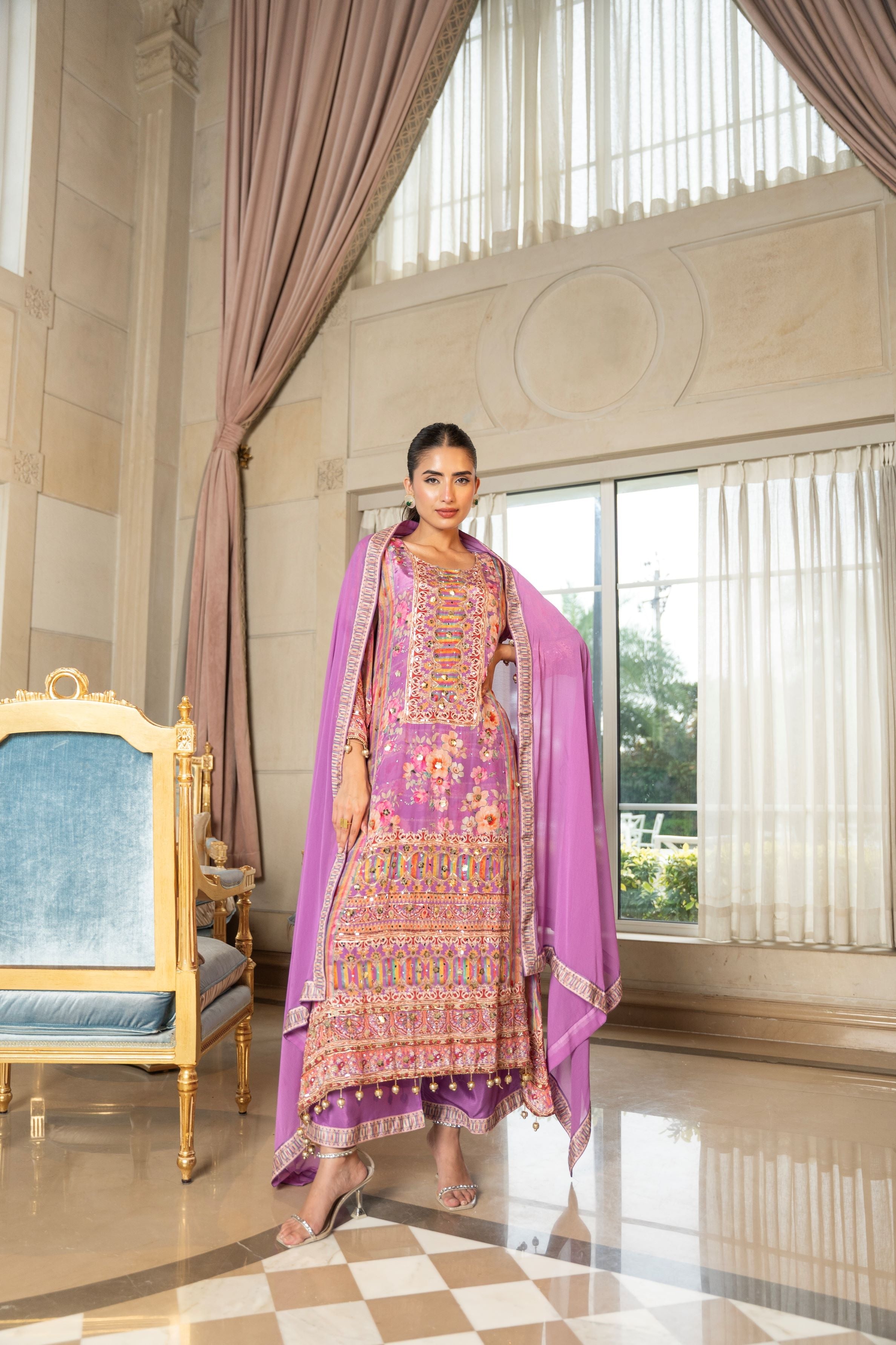 Orchid Ethnic Printed Crepe Silk Palazzo Set