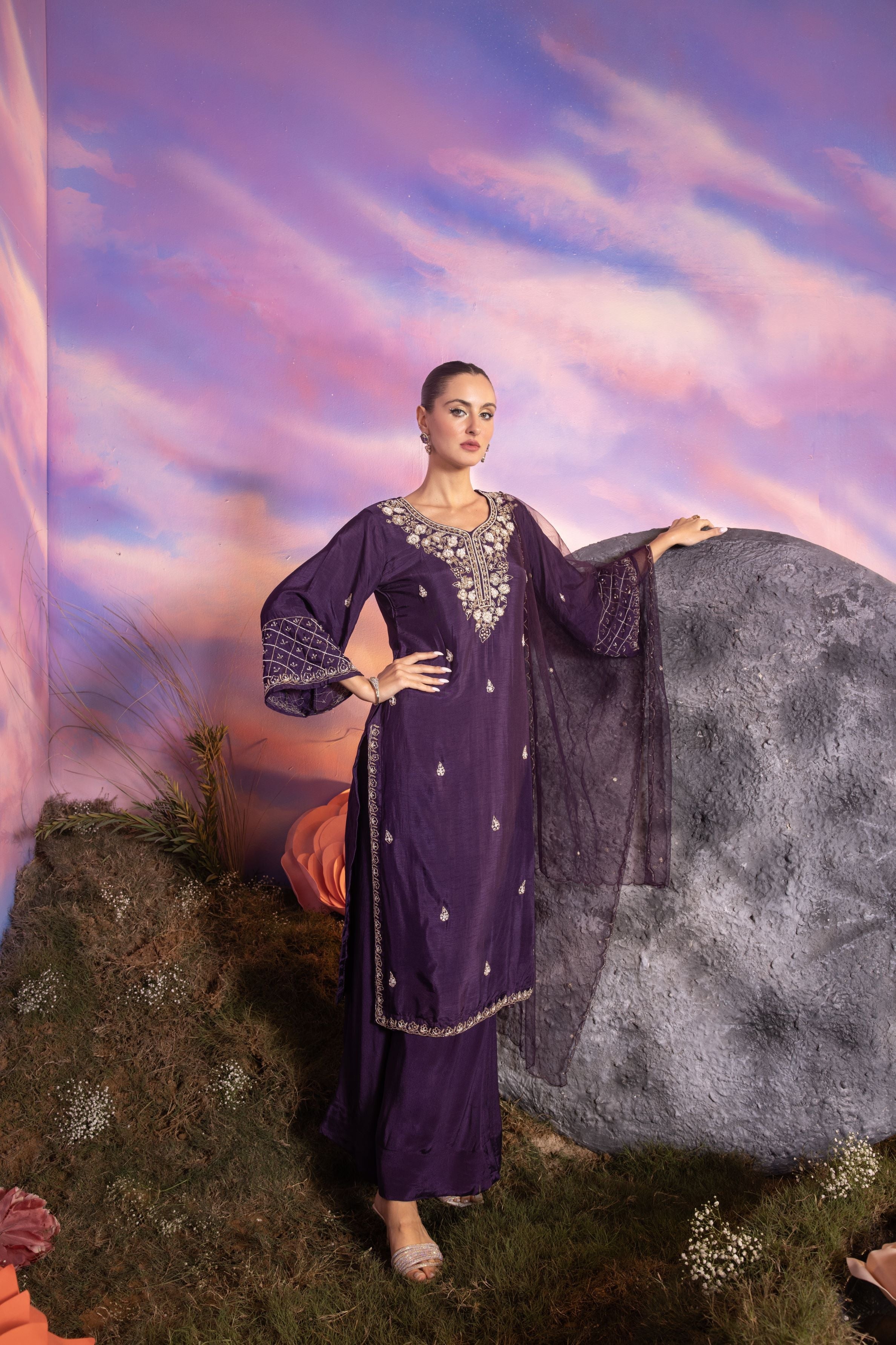 Purple Embellished Raw Silk Palazzo Set