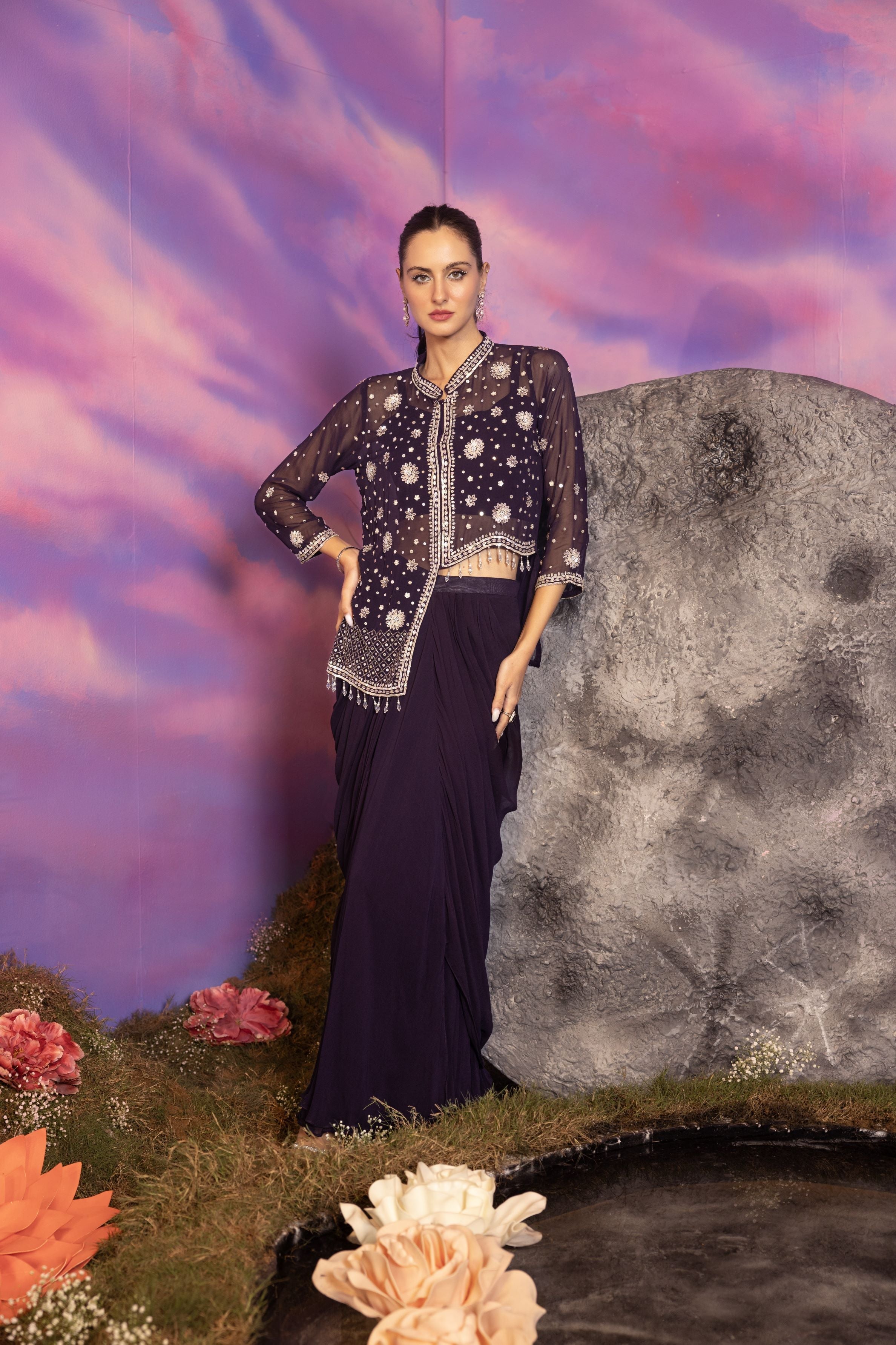 Purple Embellished Georgette Silk Skirt Set