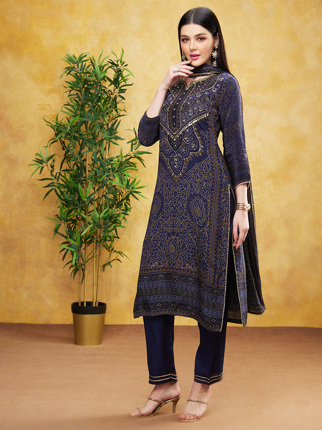 Deep Blue Bandhej Printed Premium Silk Pants Set