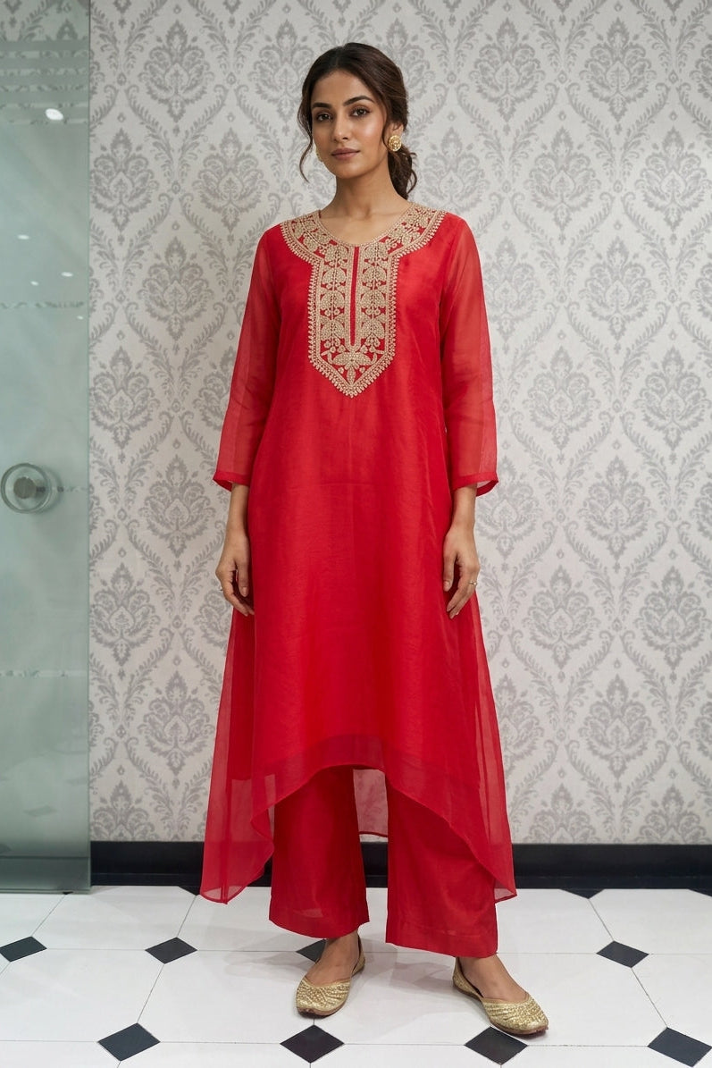 Red Scarlet Embroidered Organza Kurta Tunic