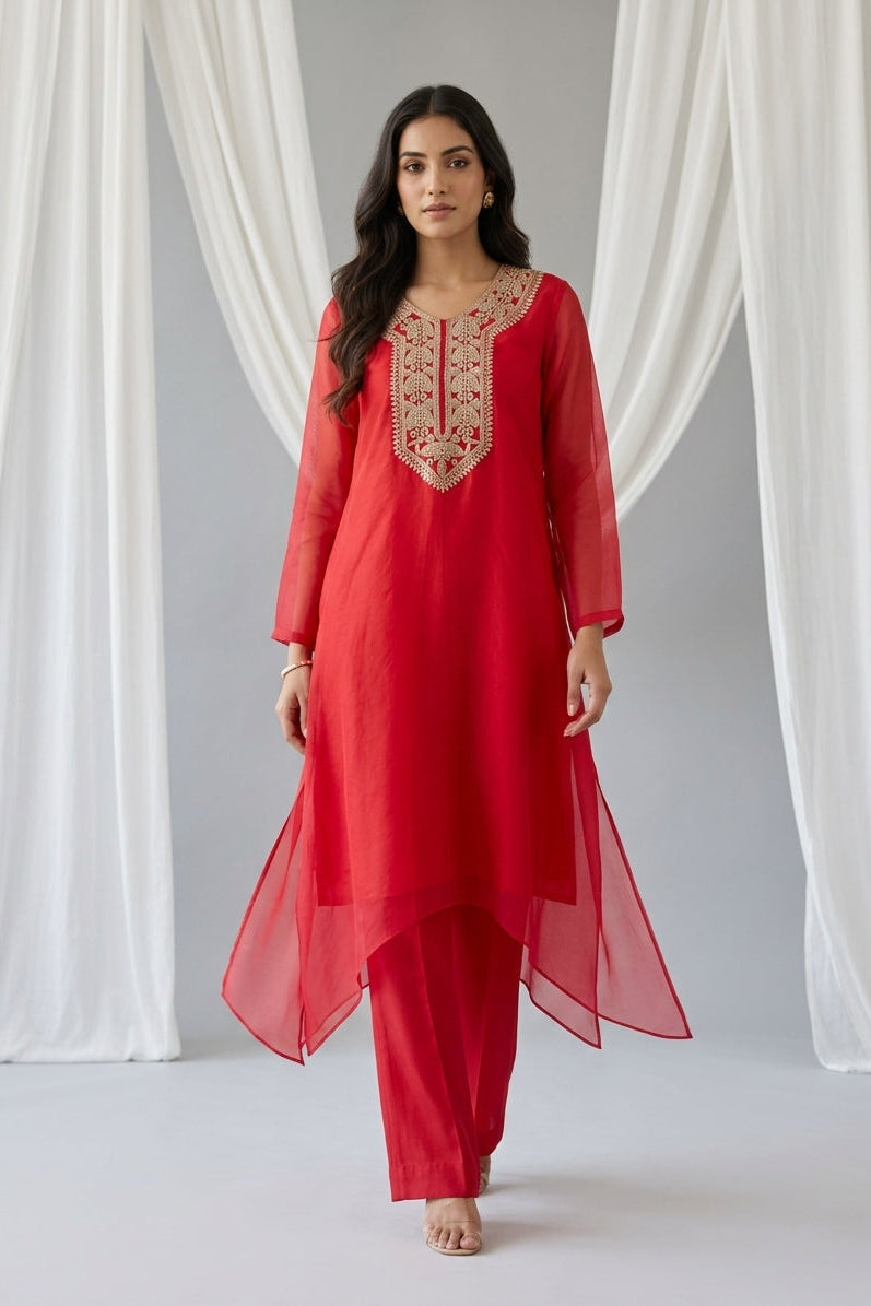 Red Scarlet Embroidered Organza Kurta Tunic