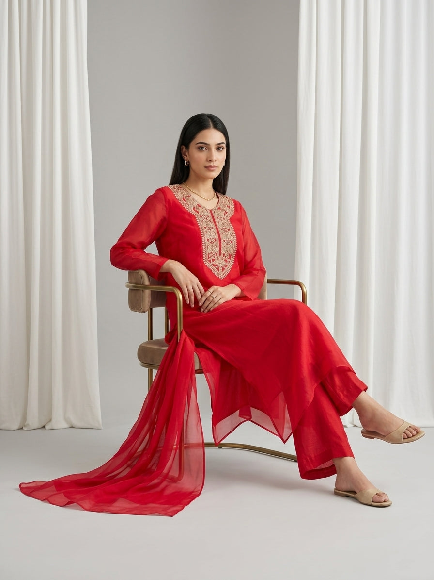 Red Scarlet Embroidered Organza Kurta Tunic