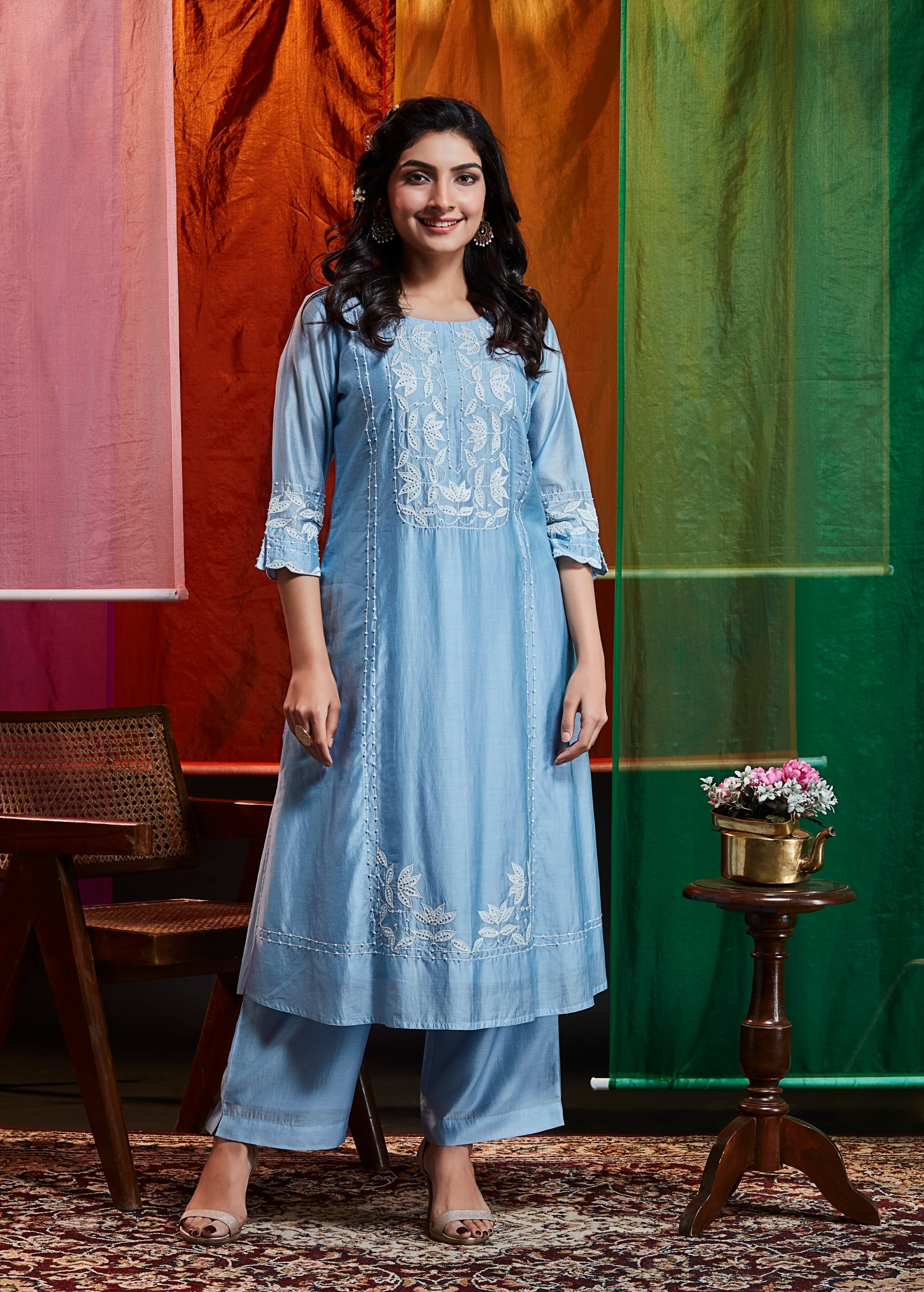 Sky Blue Embellished Upada Silk Kurta Set