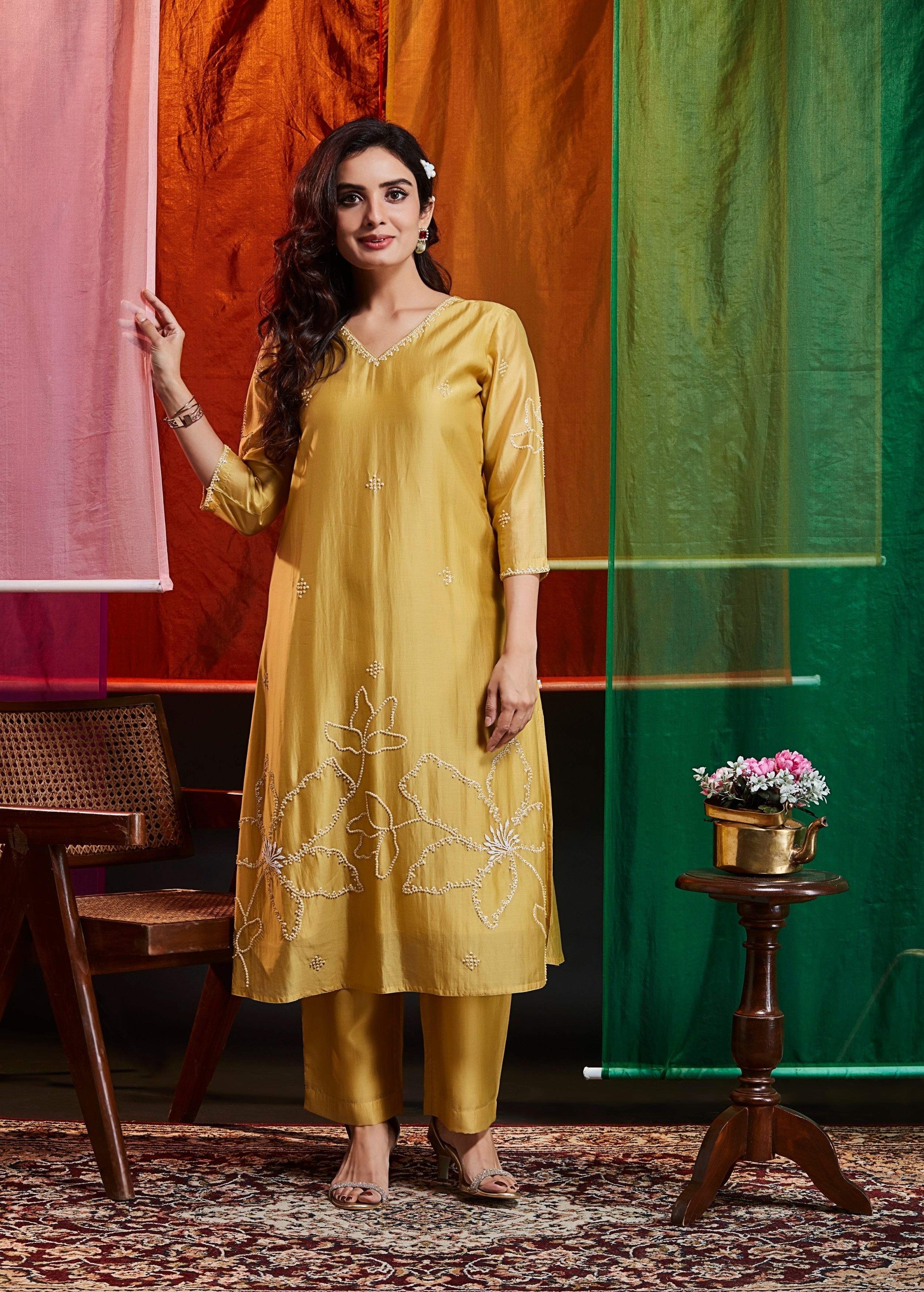 Honey Yellow Embellished Upada Silk Kurta Set