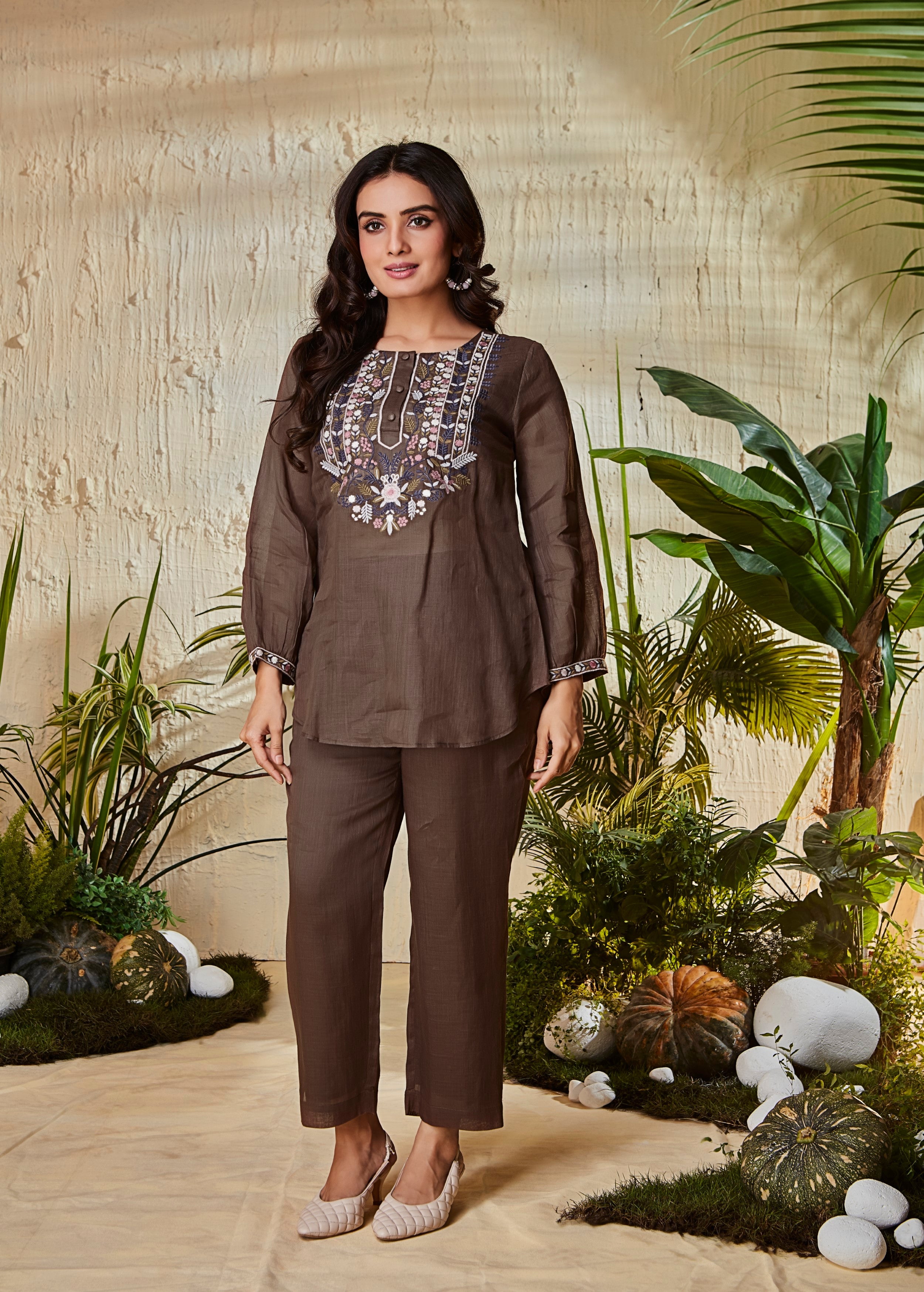 Chocolate Brown Embroidered Raw Silk Co-Ord Set