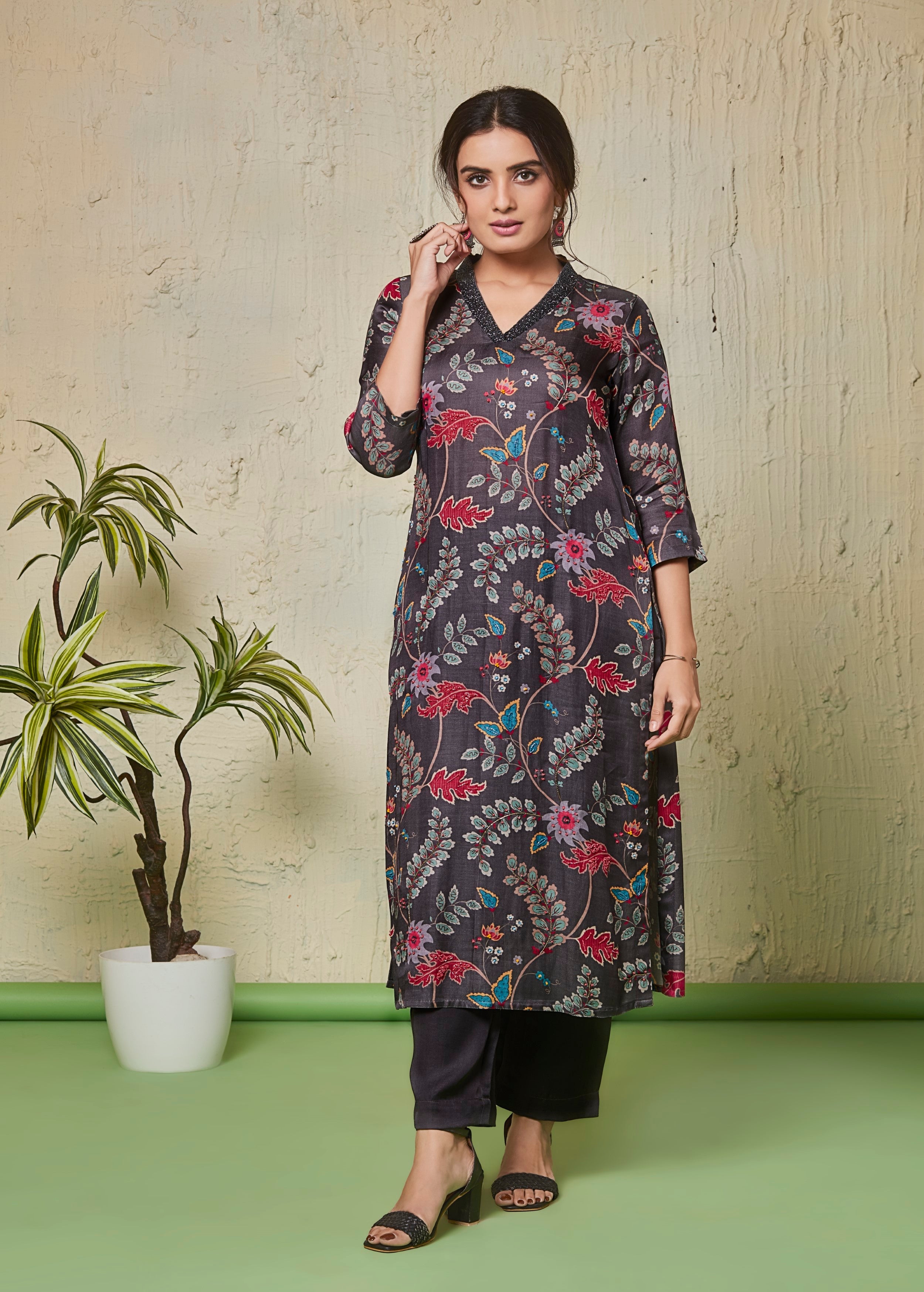 Charcoal Printed Raw Silk Kurta Set