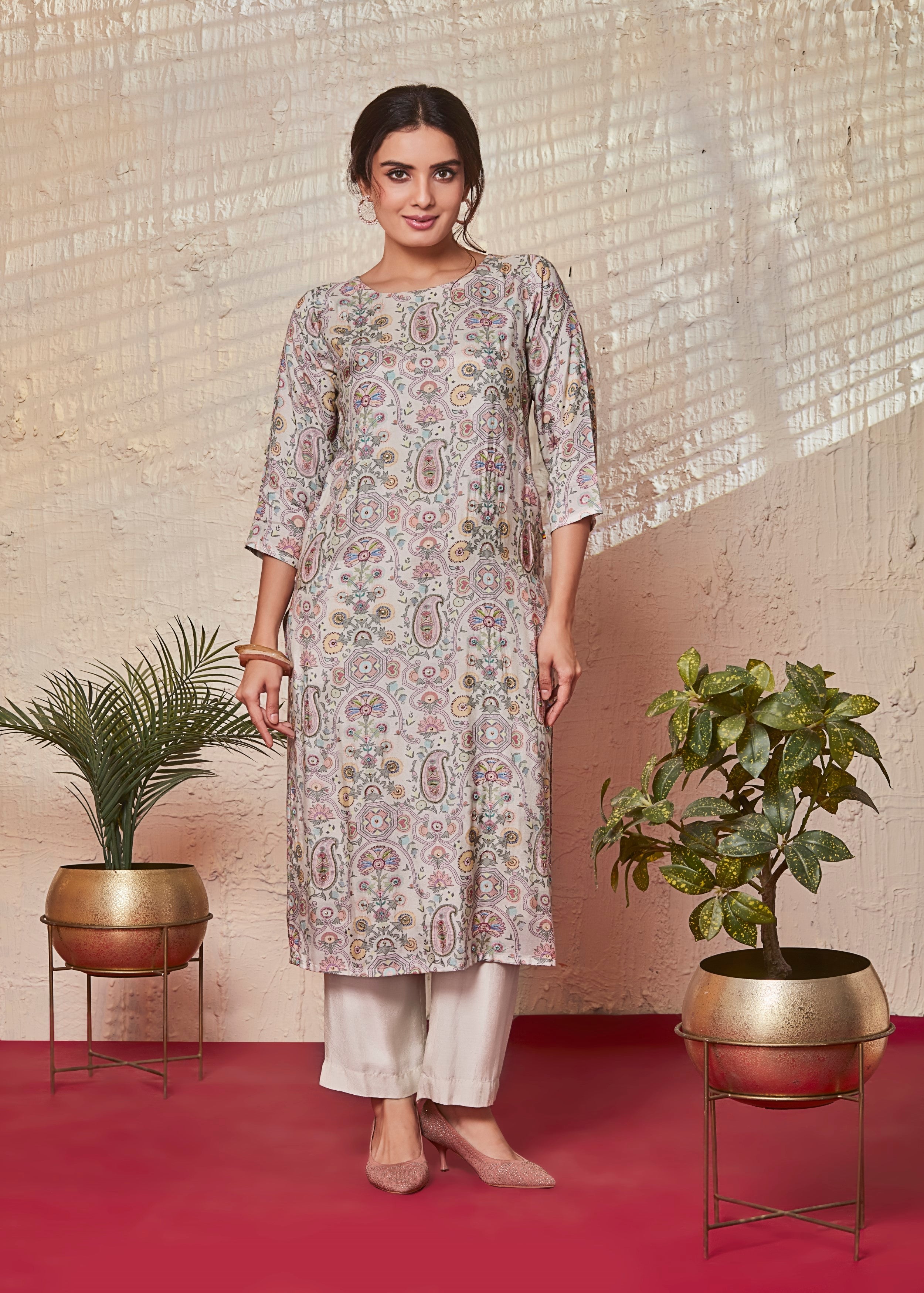 Light Cream Printed Raw Silk Kurta Set