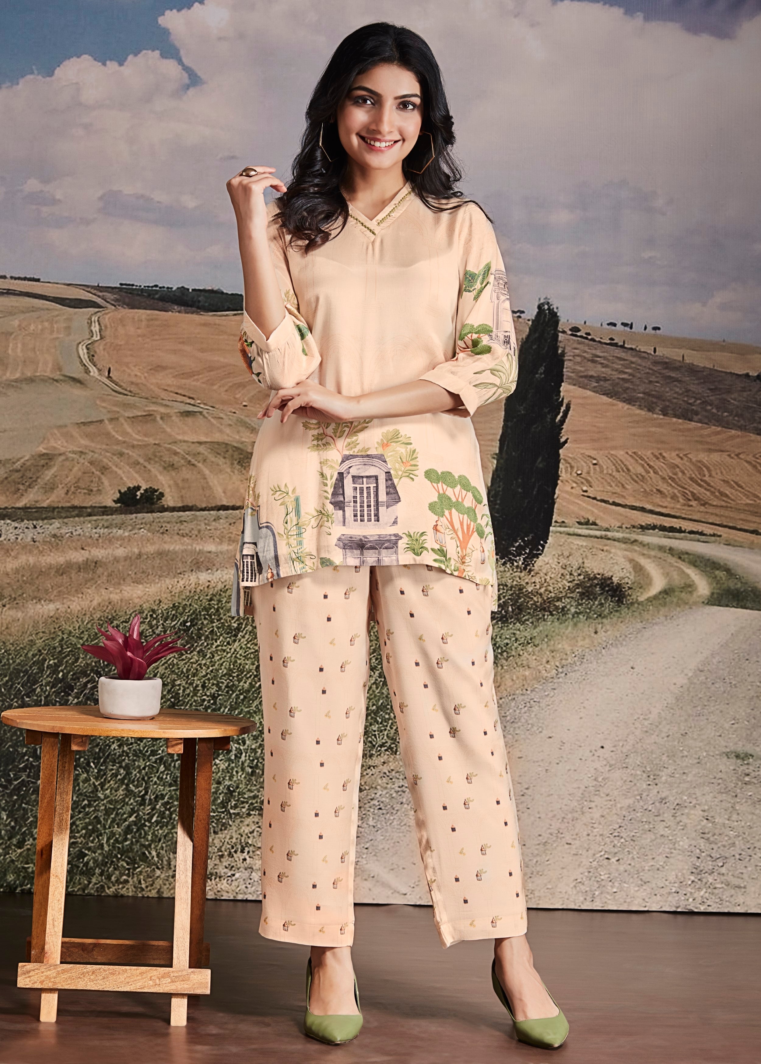 Pale Peach Landscape Printed Georgette Silk Co-Ord Set