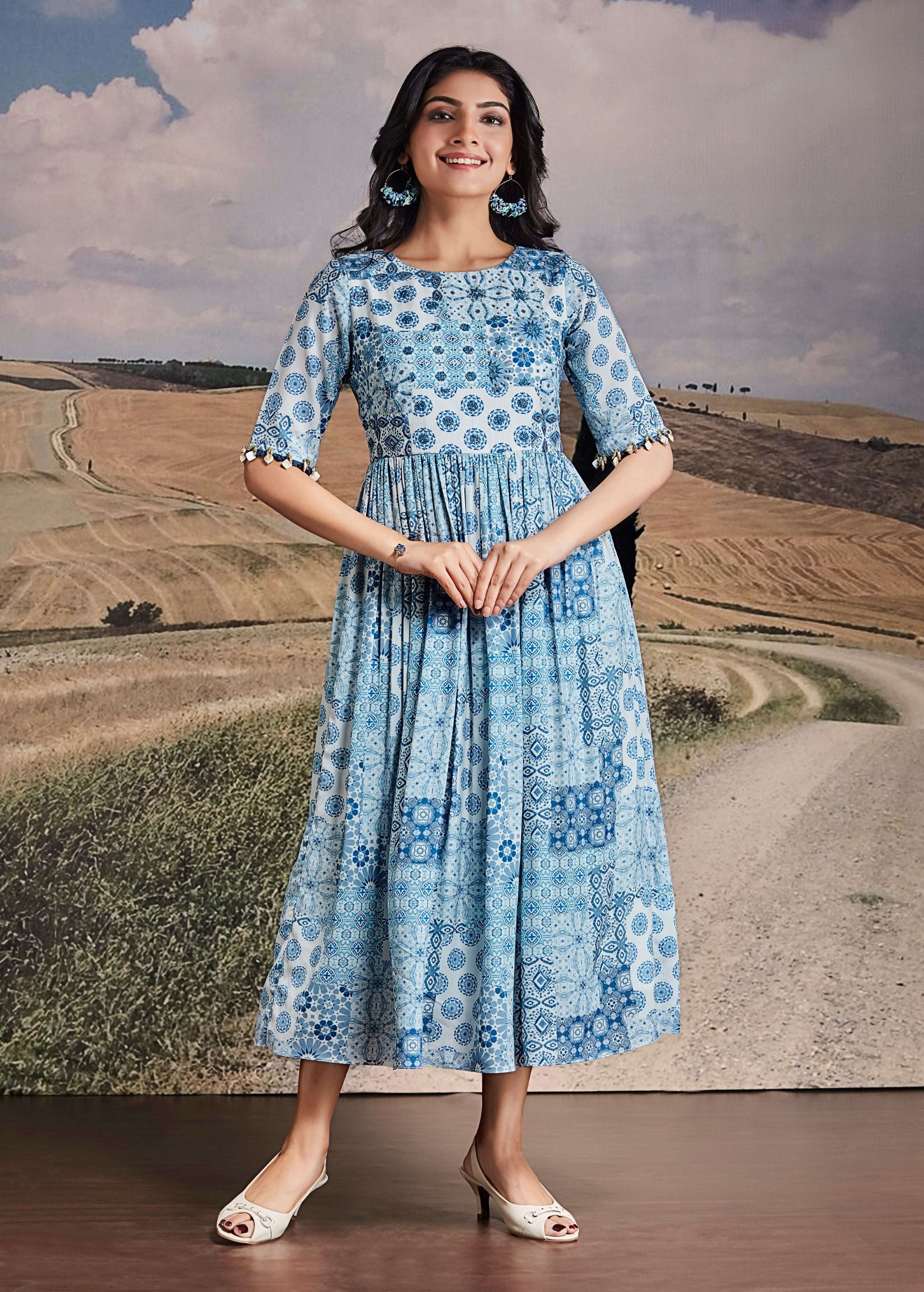 Chic Blue and White Printed Organic Cotton Dress