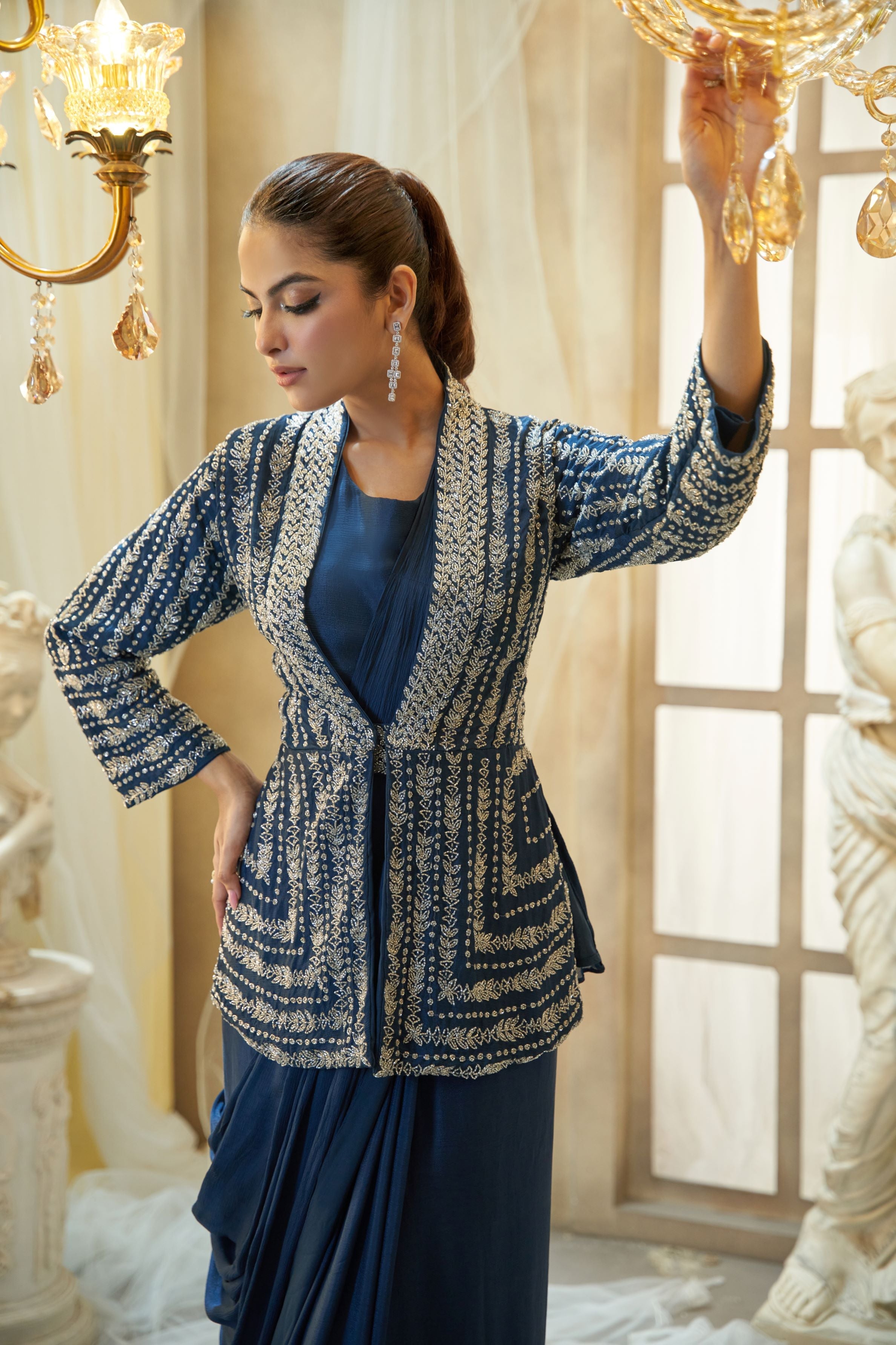 Deep Blue Embellished Chinon Silk Jacket Gown