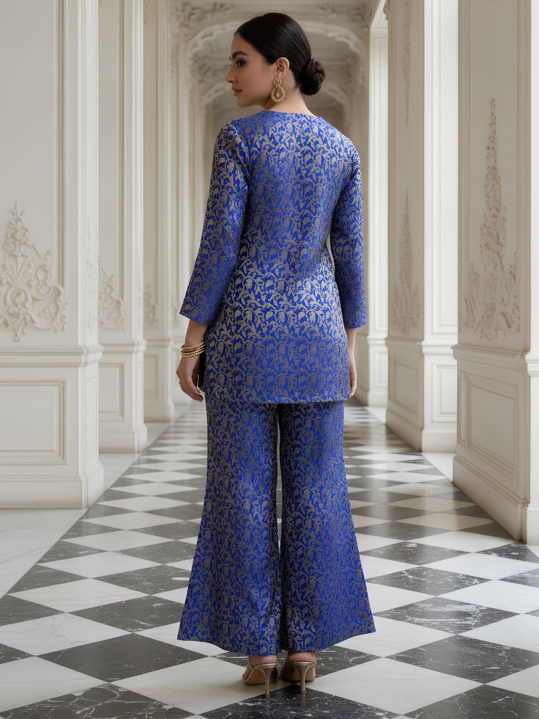 Royal Blue Embellished Jacquard Silk Co-Ord Set