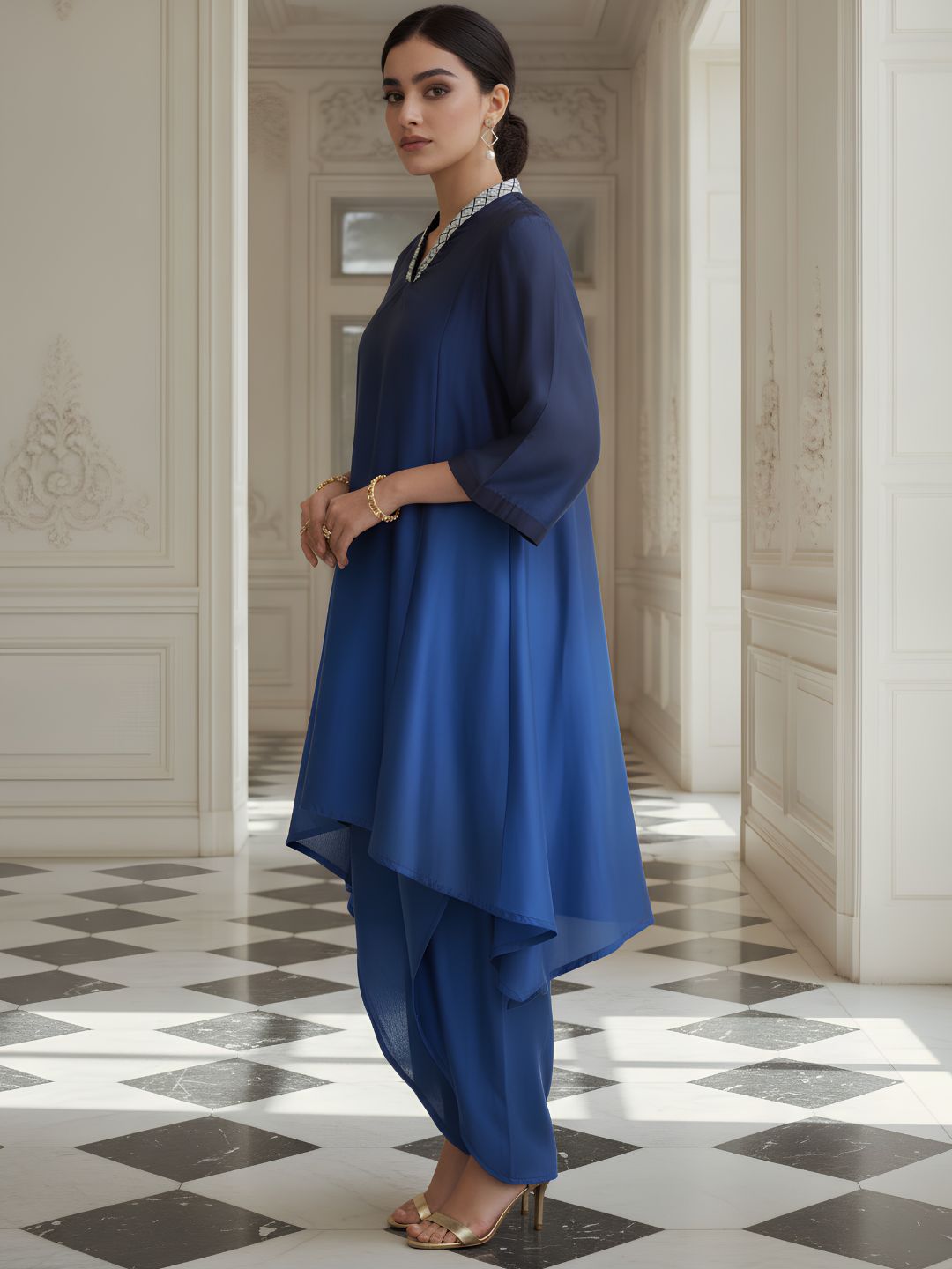 Navy Blue Embellished Poly Silk Co-Ord Set