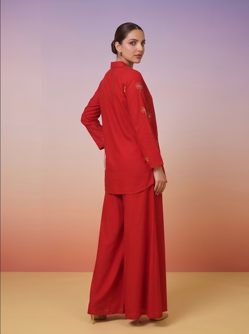 Rust Red Embellished Crepe Silk Co-Ord Set