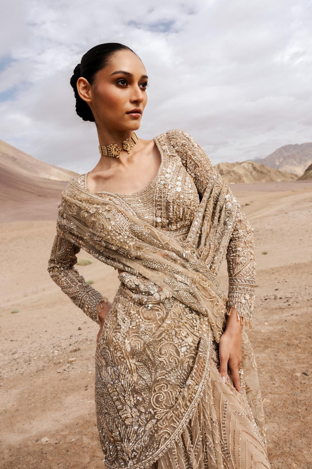 Metallic Gold Embellished Premium Net Saree Lehenga