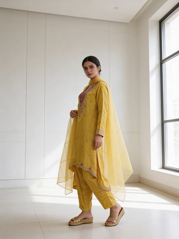 Amber Yellow Embellished Raw Silk Pant Set