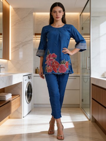 Royal Blue Embroidered Raw Silk Co-Ord Set