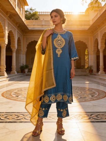 Teal Blue Embellished Crepe Silk Pant Set