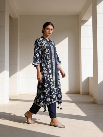 Deep Oxford Blue Printed Premium Silk Kurta Set