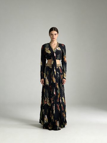 Elegant Black Embellished Chinon Silk Skirt Set