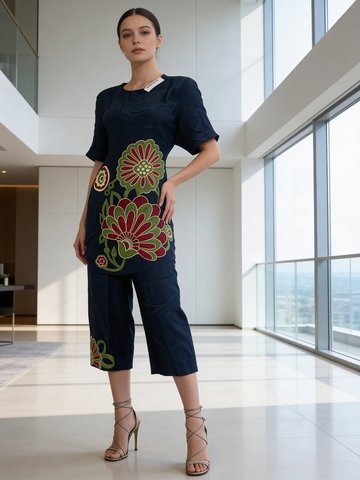 Navy Blue Embroidered Raw Silk Co-Ord Set