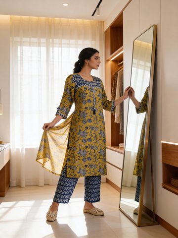 Deep Mustard Yellow Printed Muslin Silk Pant Set