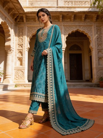 Teal Embellished Soft Organza Silk Kurta Set